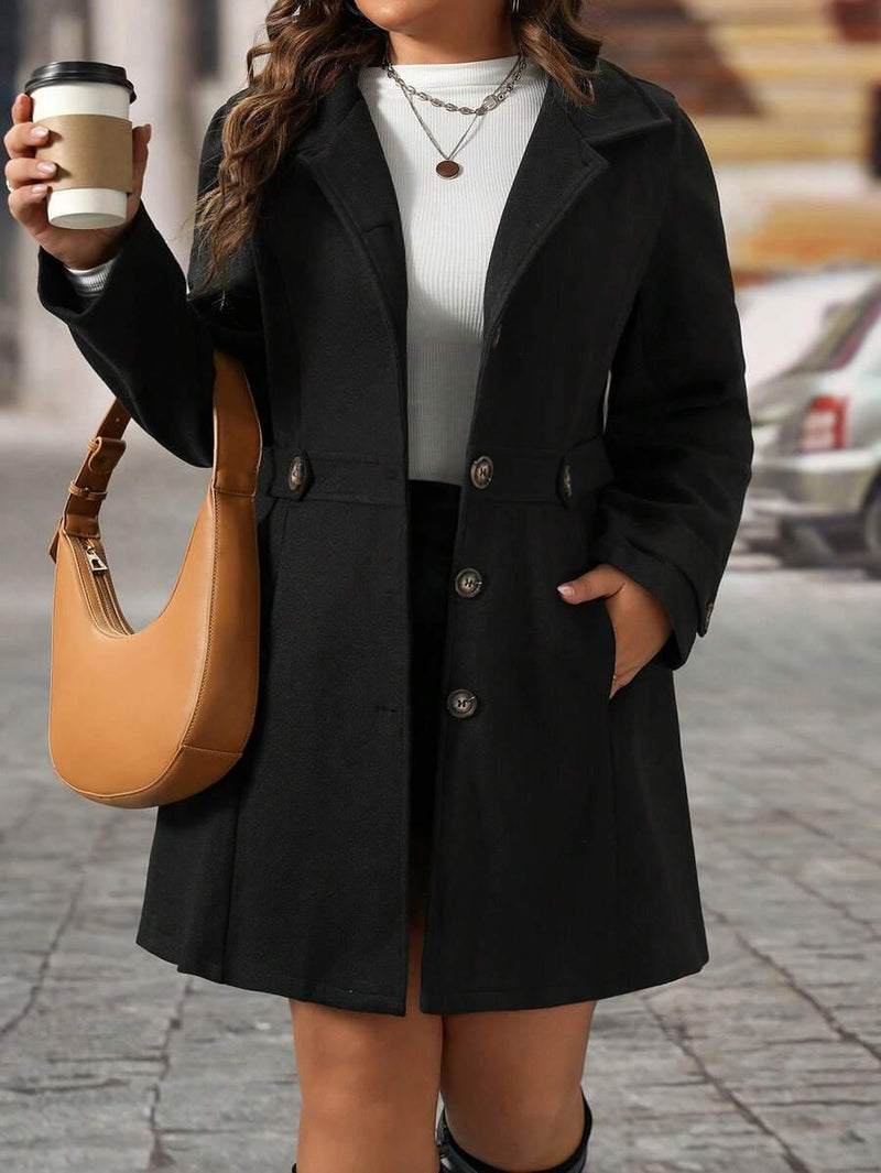 Plus Size Knit Coat Black Lapel Button Decor Waisted Midi