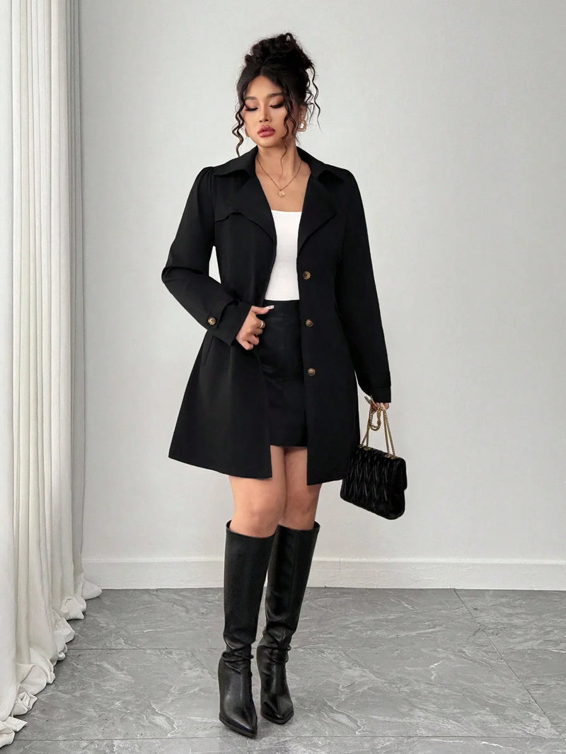 Plus Size Black Trench Coat Lapel Front Elegant Chic