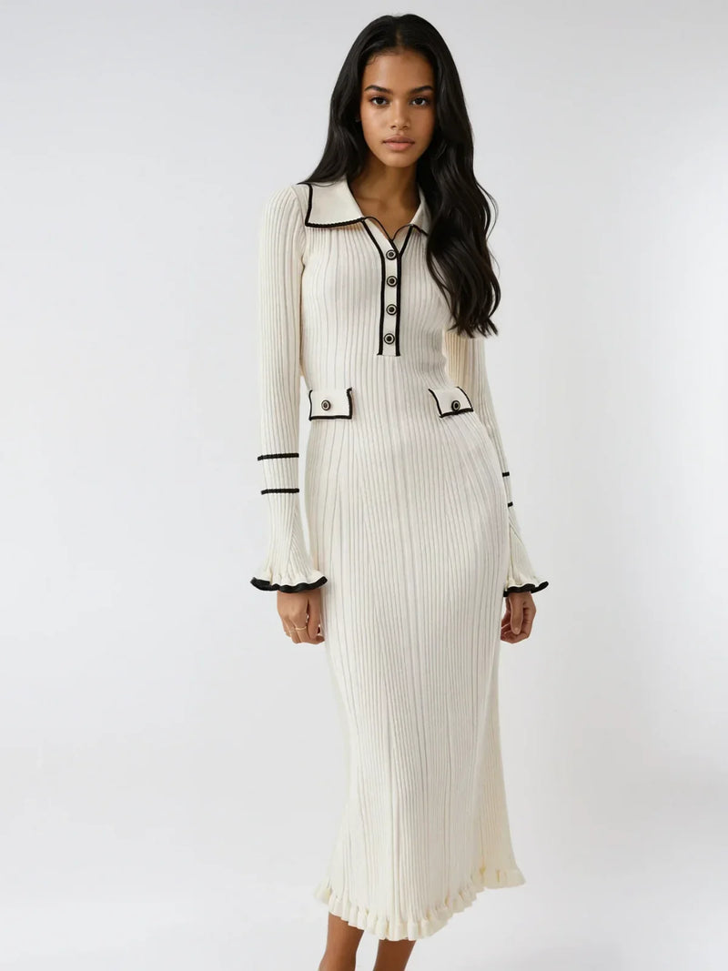 Vestido midi con ribete de volantes en contraste estilo Oldmoney