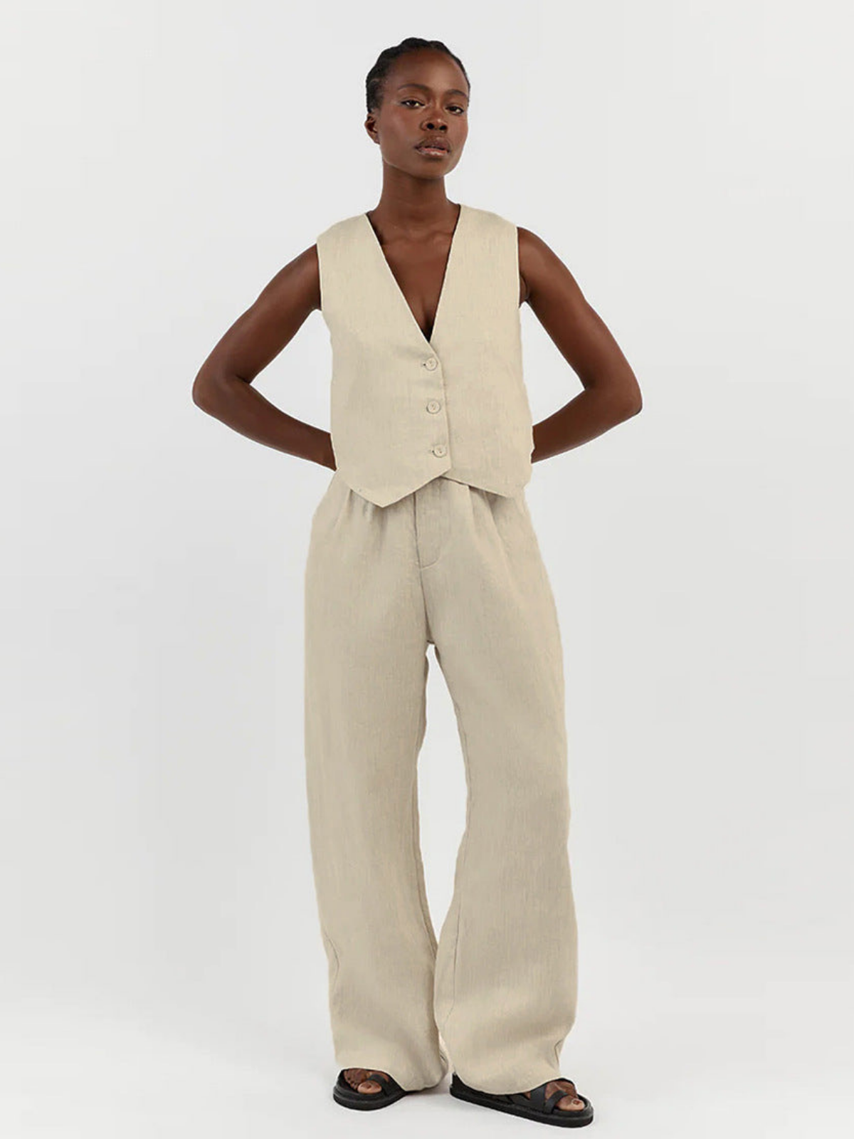 Casual Style Linen Vest & Trousers Set - LA FEMME WANDERER