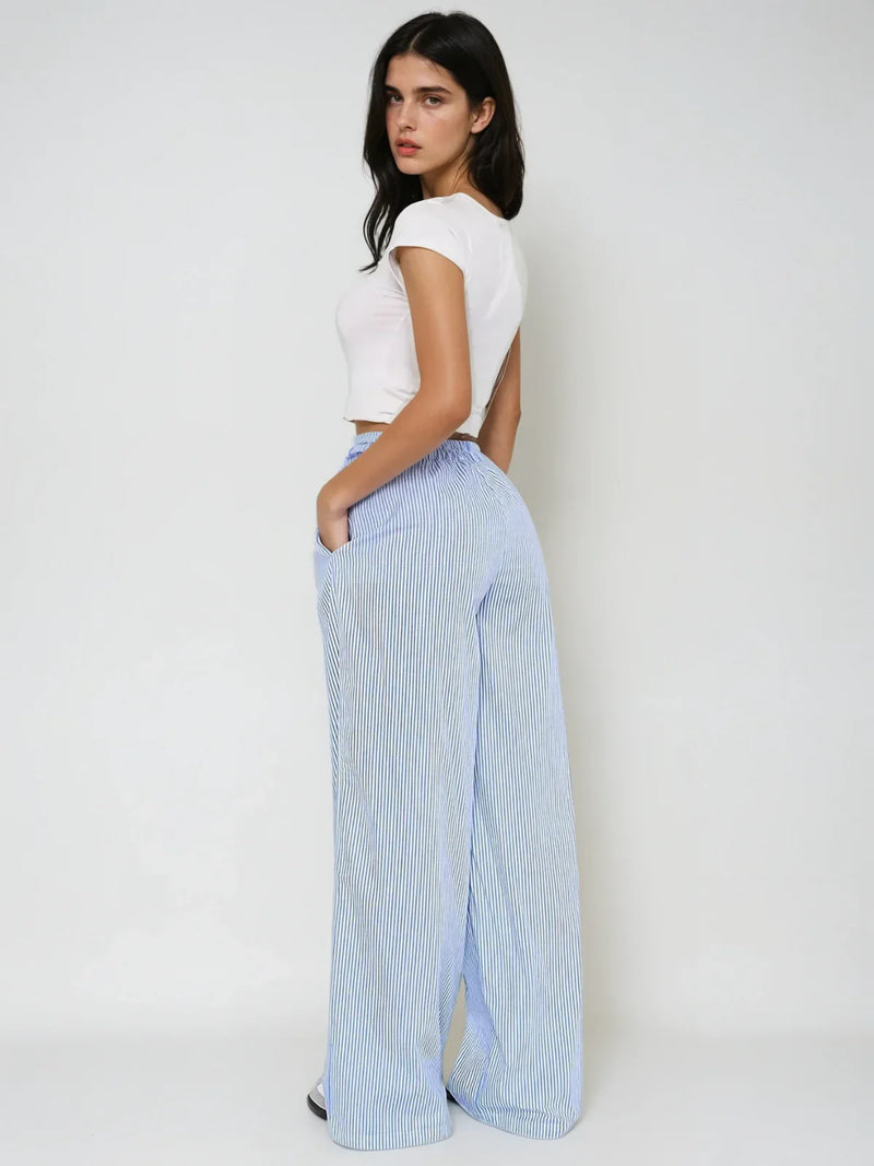 Pantalones de rayas de pierna ancha y cintura alta elástica