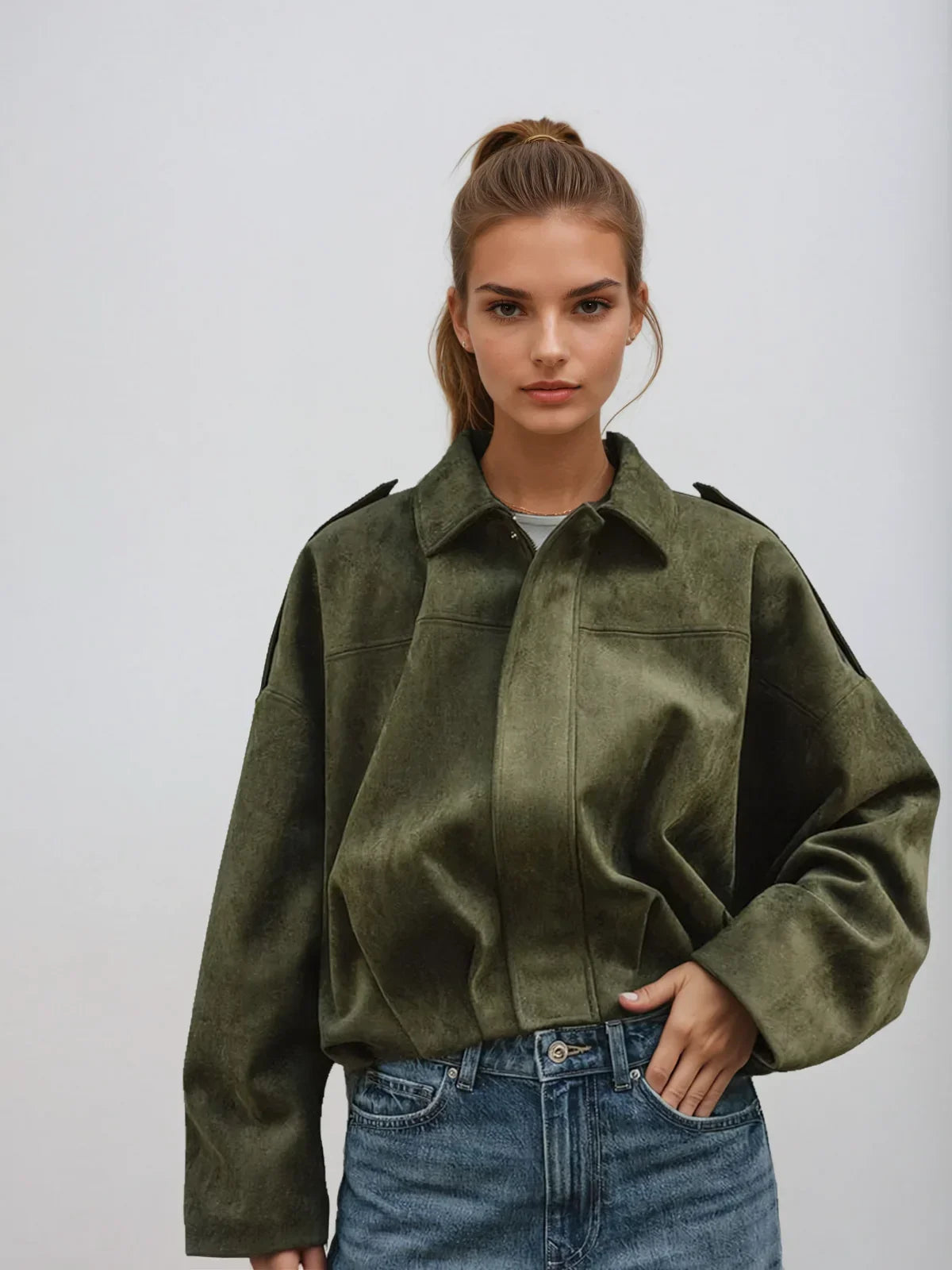 Batwing Sleeve Premium Textured Suede Pilot Jacket - LA FEMME WANDERER