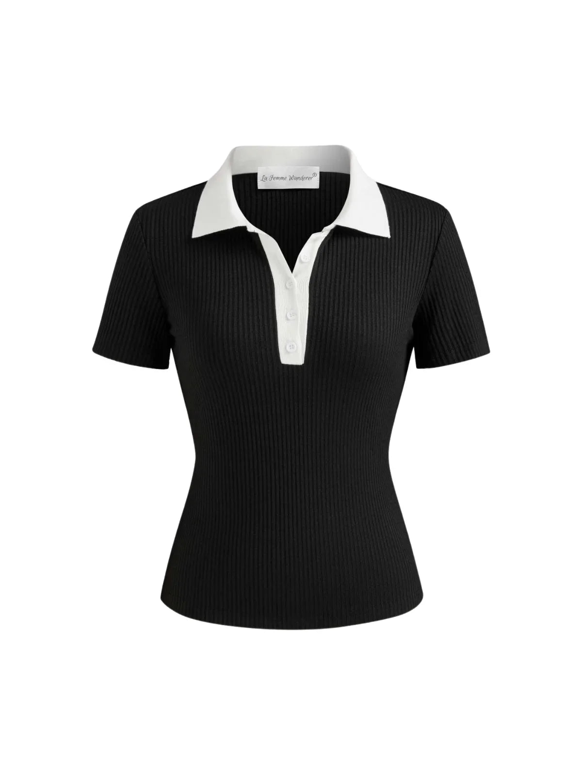 Collared Button Detail Ribbed Knit Top - LA FEMME WANDERER