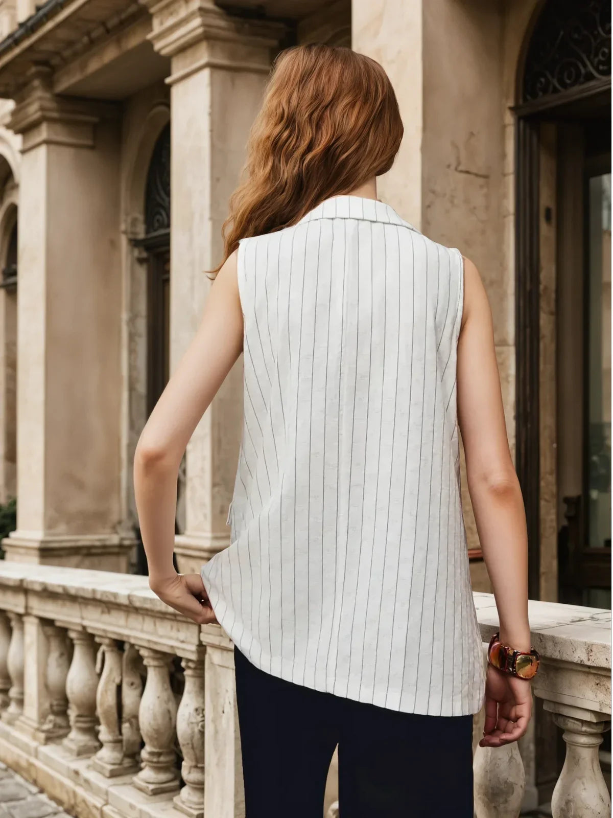 Pinstripe Cotton Blends Vest - LA FEMME WANDERER