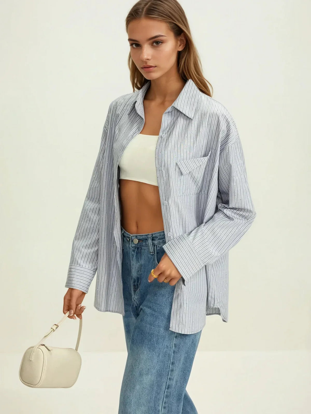 Rhinestone Dot Pinstripe Long Sleeves Pocket Shirt - LA FEMME WANDERER