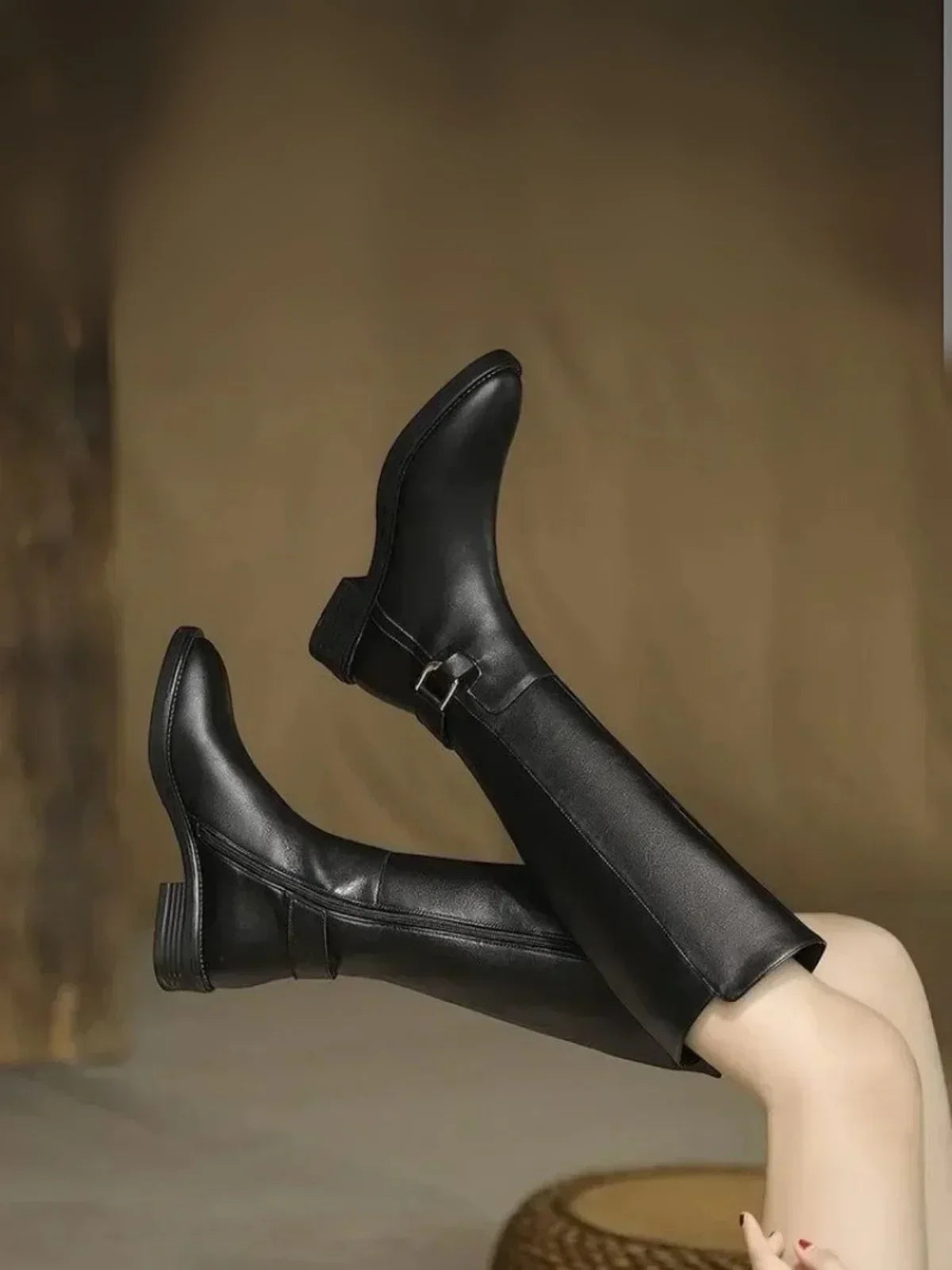 Knee High Boots With Belt Buckle Chunky Heel Black Matte - LA FEMME WANDERER