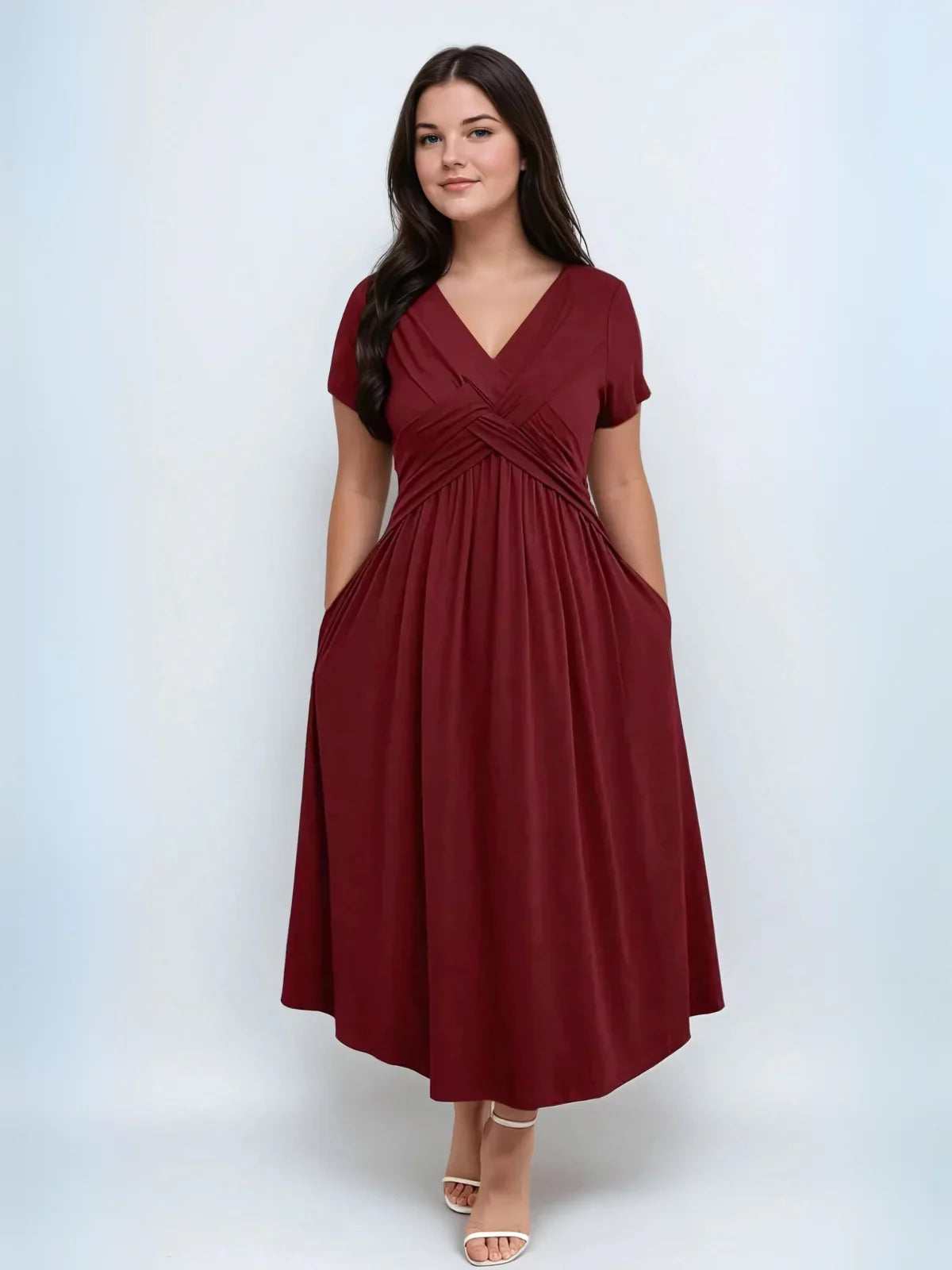 Plus Size V Neck Sundress With Pockets Cinched Waist - LA FEMME WANDERER