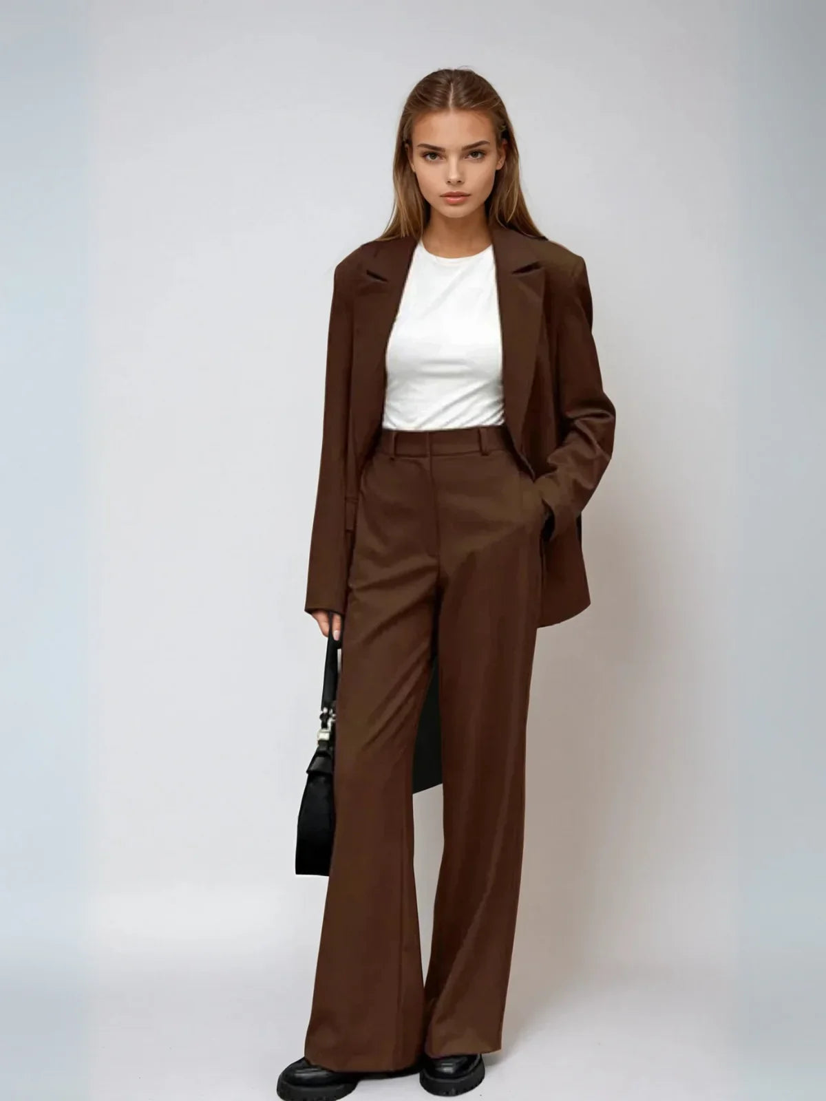 Mocha Vintage Blazer & Wide-leg Pants Matching Set - LA FEMME WANDERER