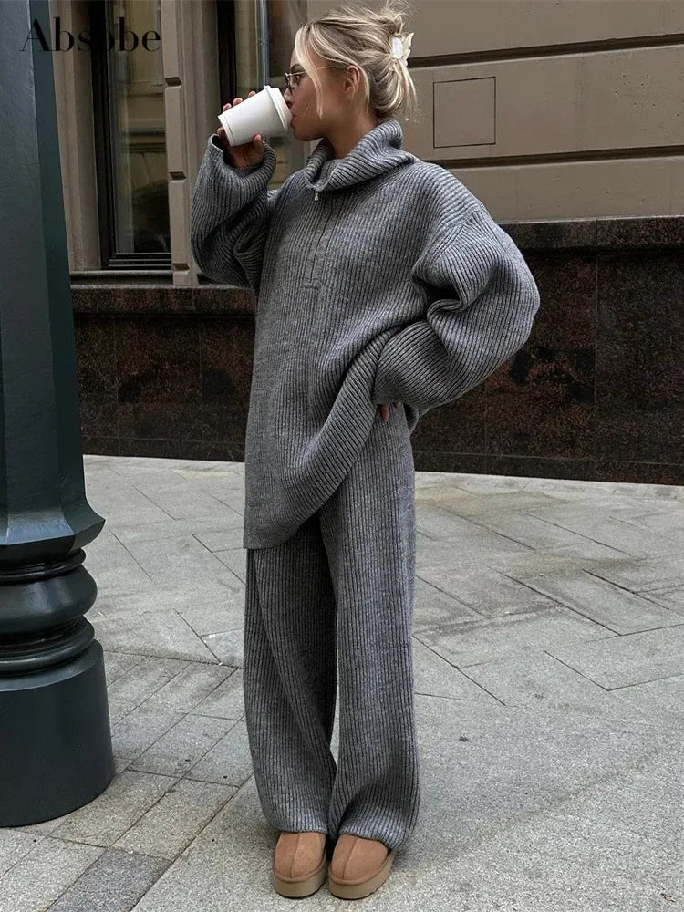 Solid Color Half Zip Sweater Matching Set