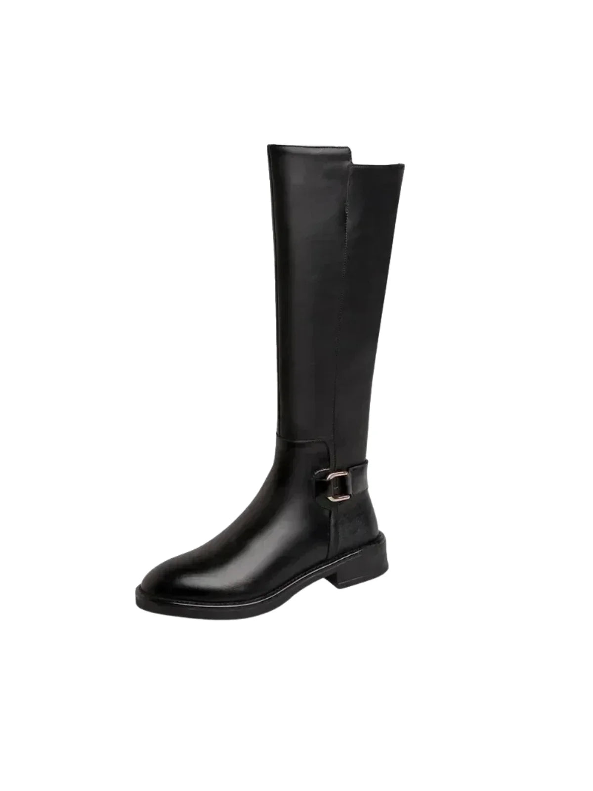 Knee High Boots With Belt Buckle Chunky Heel Black Matte - LA FEMME WANDERER