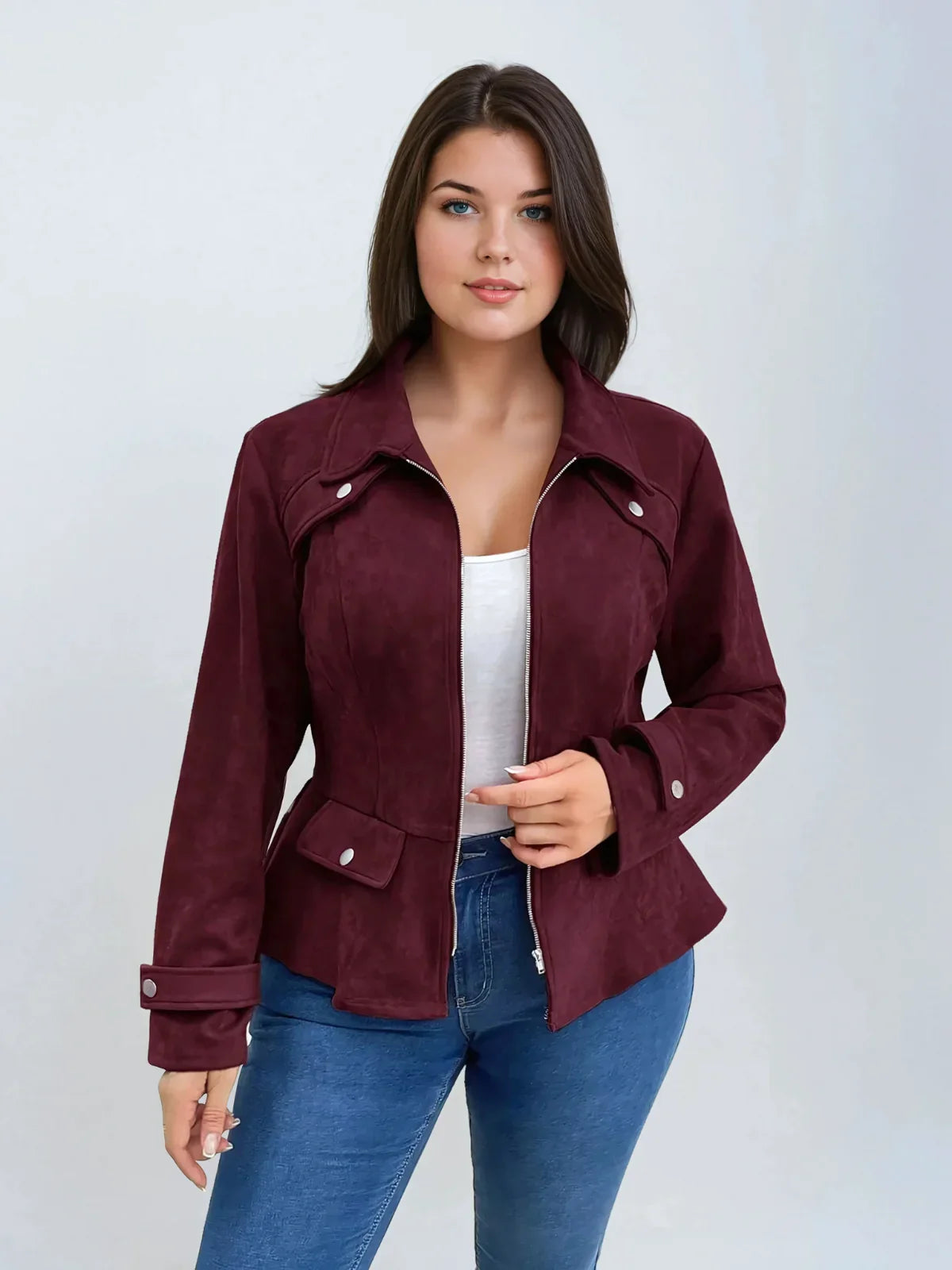 Chaqueta casual de cintura de talla grande con cremallera delantera