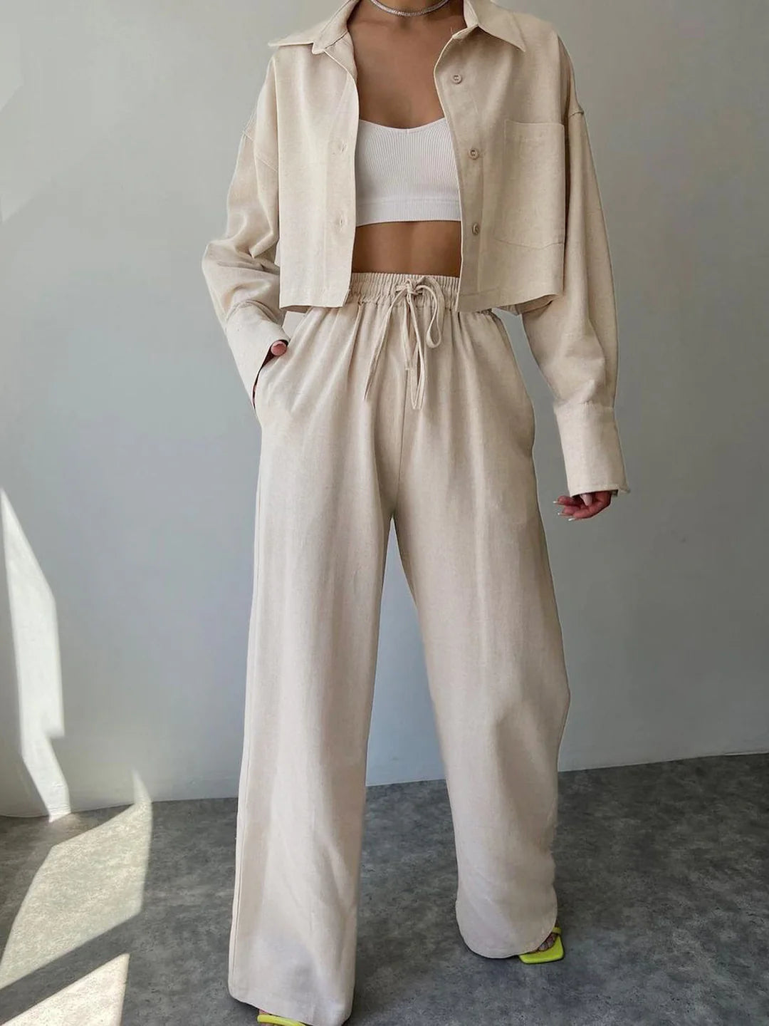Casual Collared Drawstring Two Piece Pants Set - LA FEMME WANDERER
