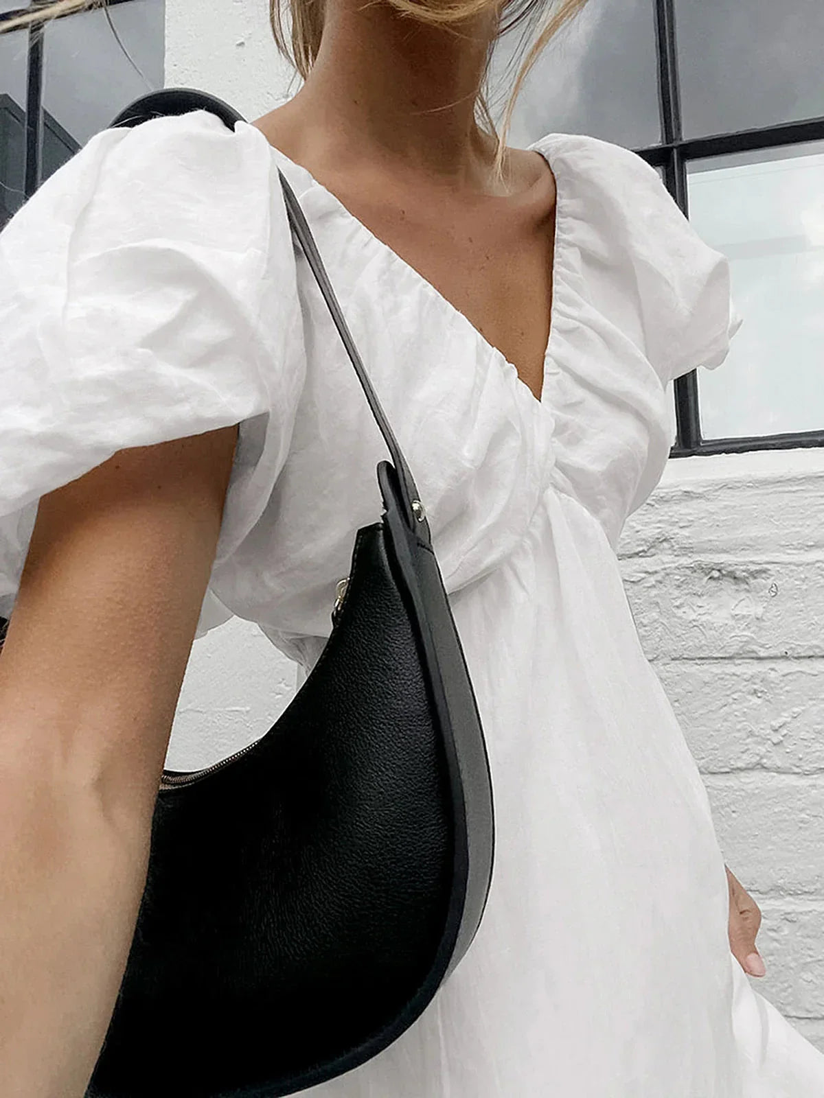 Cotton V-Neck Puff Sleeves Backless Dress - LA FEMME WANDERER