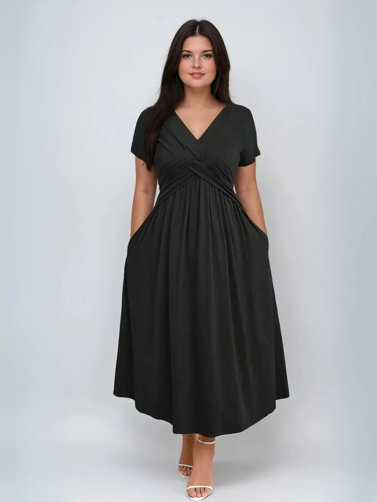 Plus Size V Neck Sundress With Pockets Cinched Waist - LA FEMME WANDERER