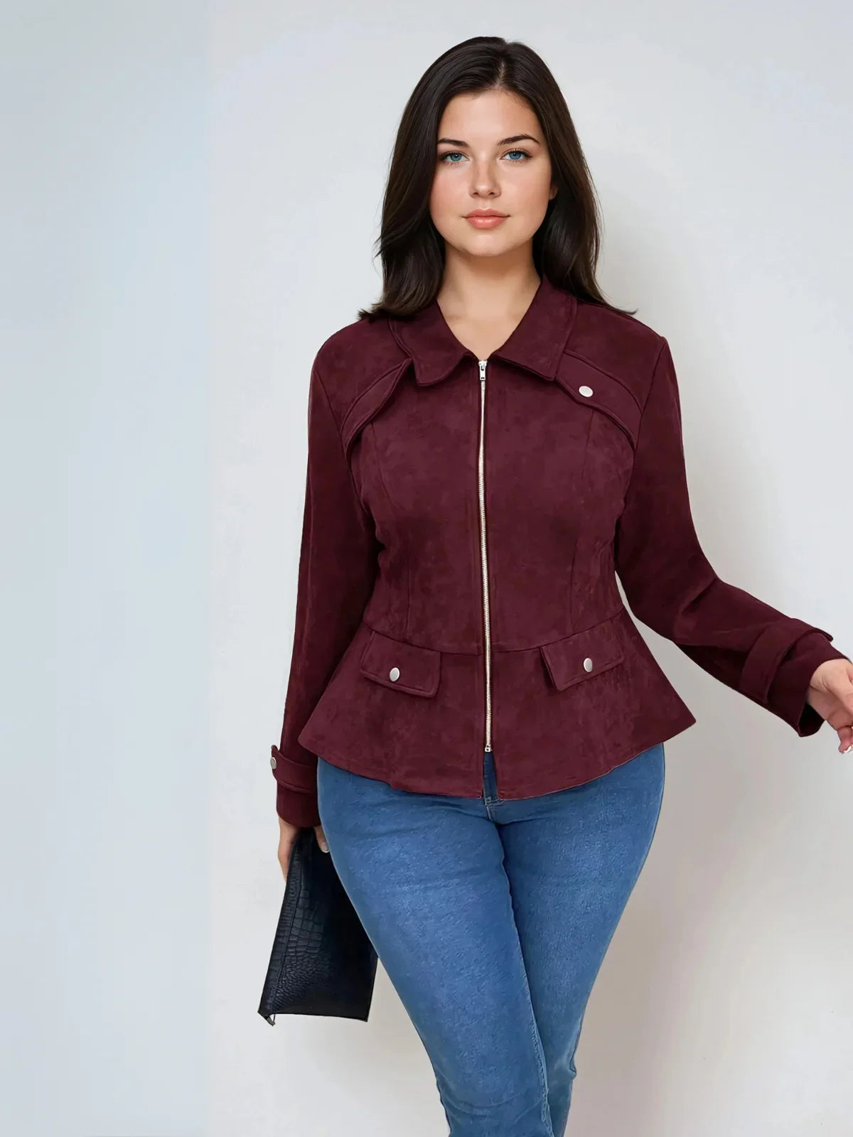 Plus Size Waisted Burgundy Casual Jacket With Front Zipper - LA FEMME WANDERER