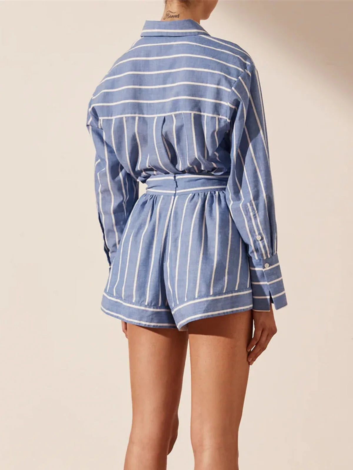 Blue Striped Shirt & Shorts Set - LA FEMME WANDERER