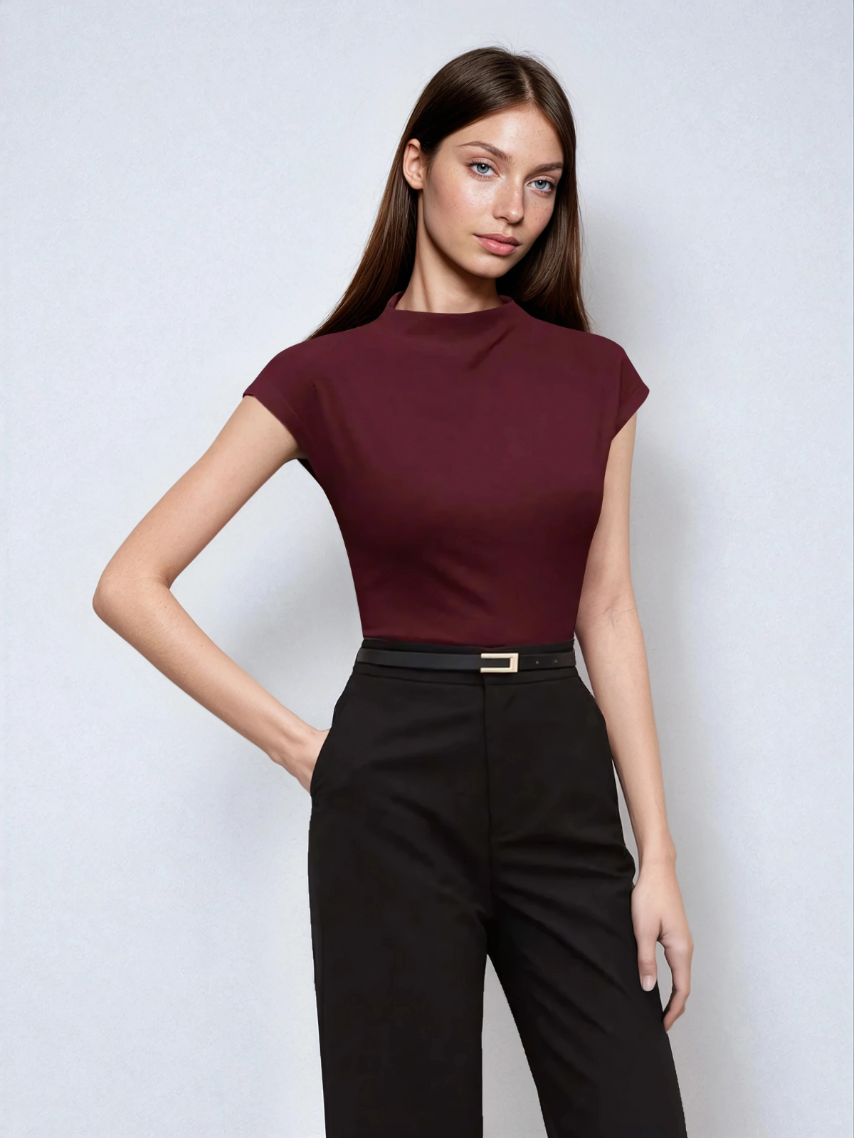 Batwing Sleeve Top With Stand Collar For Office And School