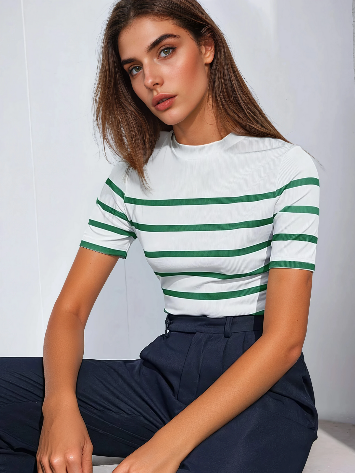 Striped Mock Neck Fitted Top Chic Office Ready Style
