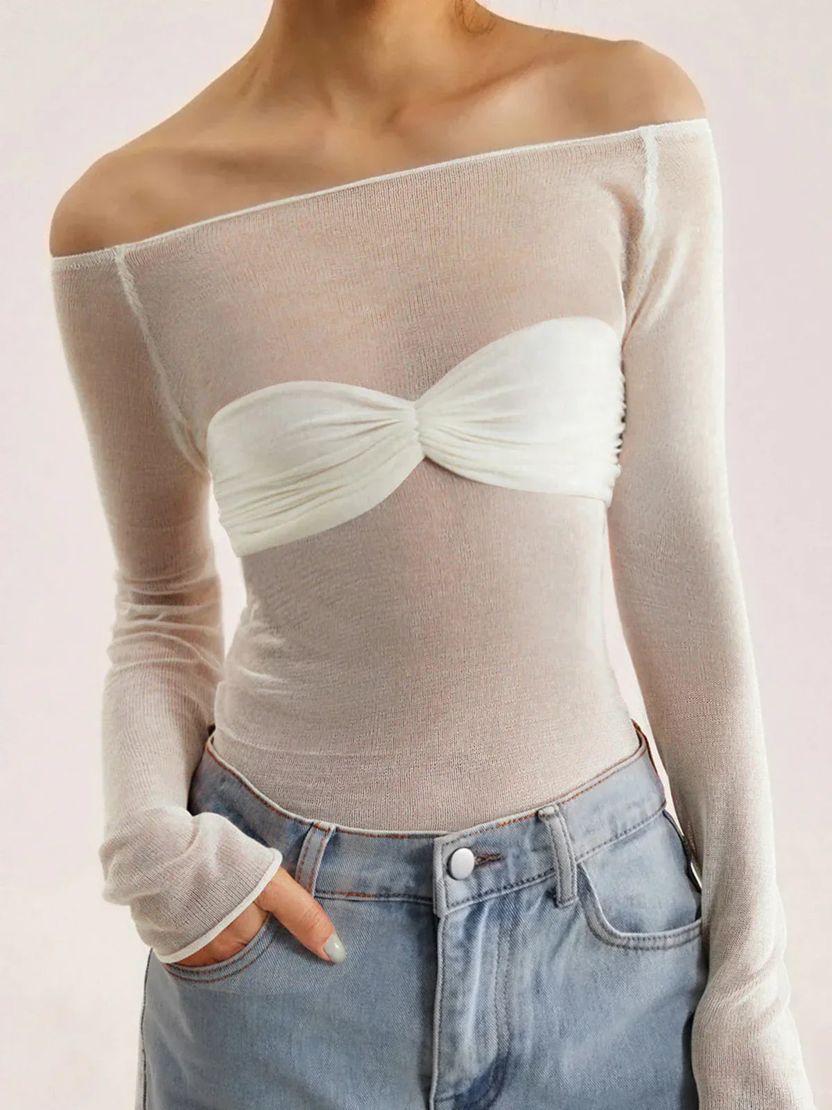 Nostalgia Off-Shoulder Mesh Long Sleeve Shirt - LA FEMME WANDERER