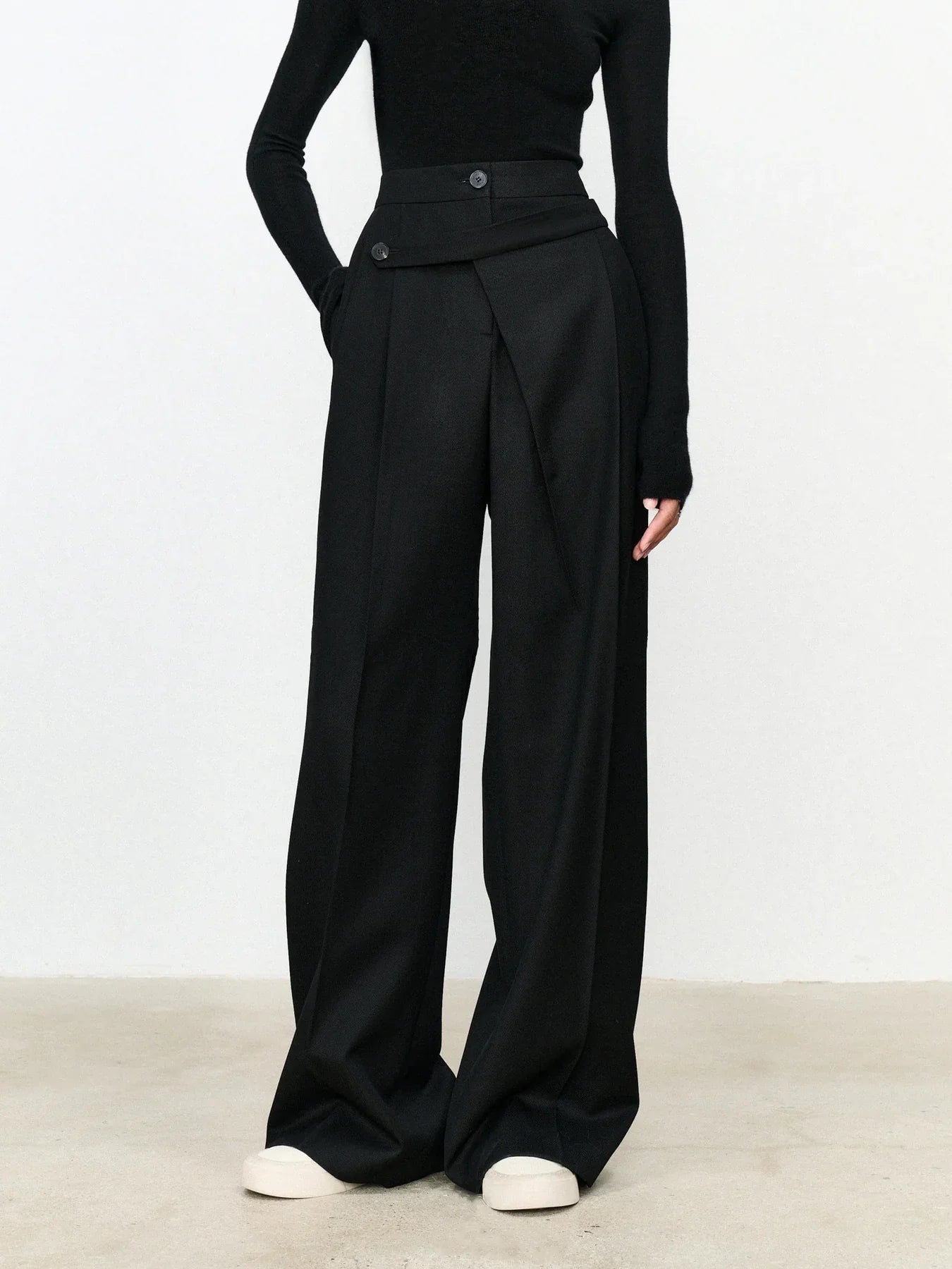 Asymmetric Layer Button Straight Leg Dress Pants - LA FEMME WANDERER