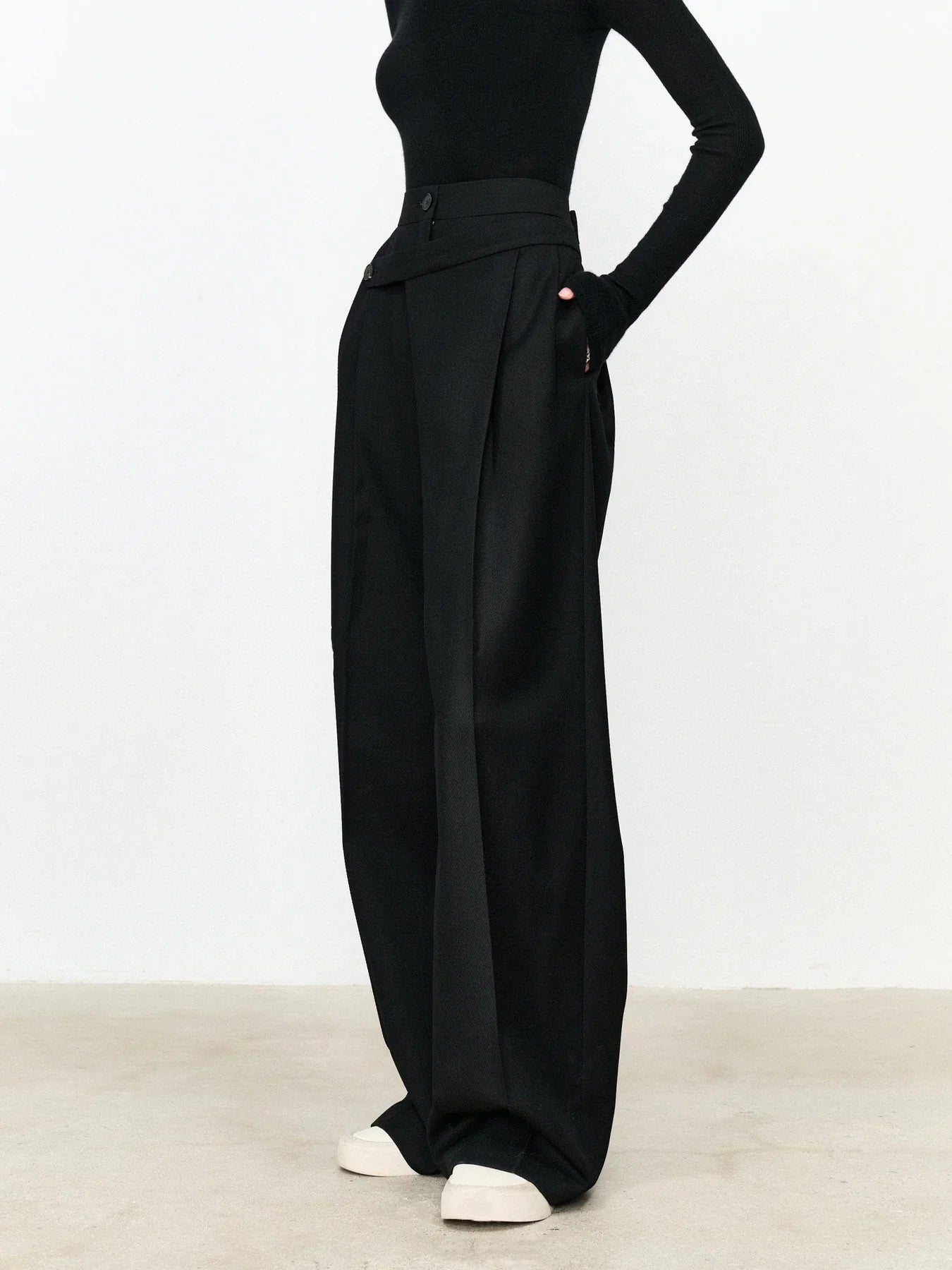 Asymmetric Layer Button Straight Leg Dress Pants - LA FEMME WANDERER
