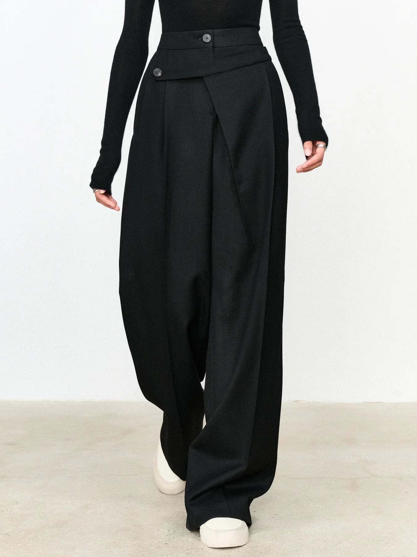 Asymmetric Layer Button Straight Leg Dress Pants - LA FEMME WANDERER