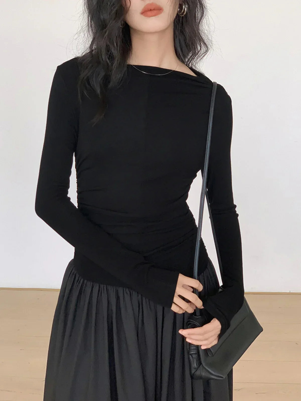 Pleated Patchwork Knit Long Sleeve Midi Dress - LA FEMME WANDERER