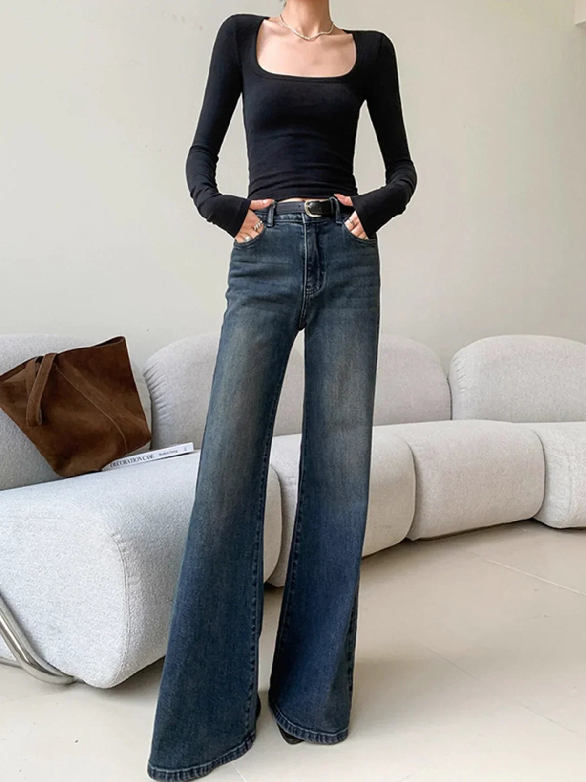 Vintage Denim Washed Wide Leg Jeans - LA FEMME WANDERER