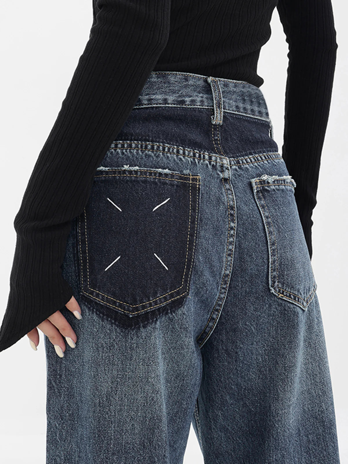 Patchwork Pockets Denim Wide Leg Boyfriend Jeans - LA FEMME WANDERER