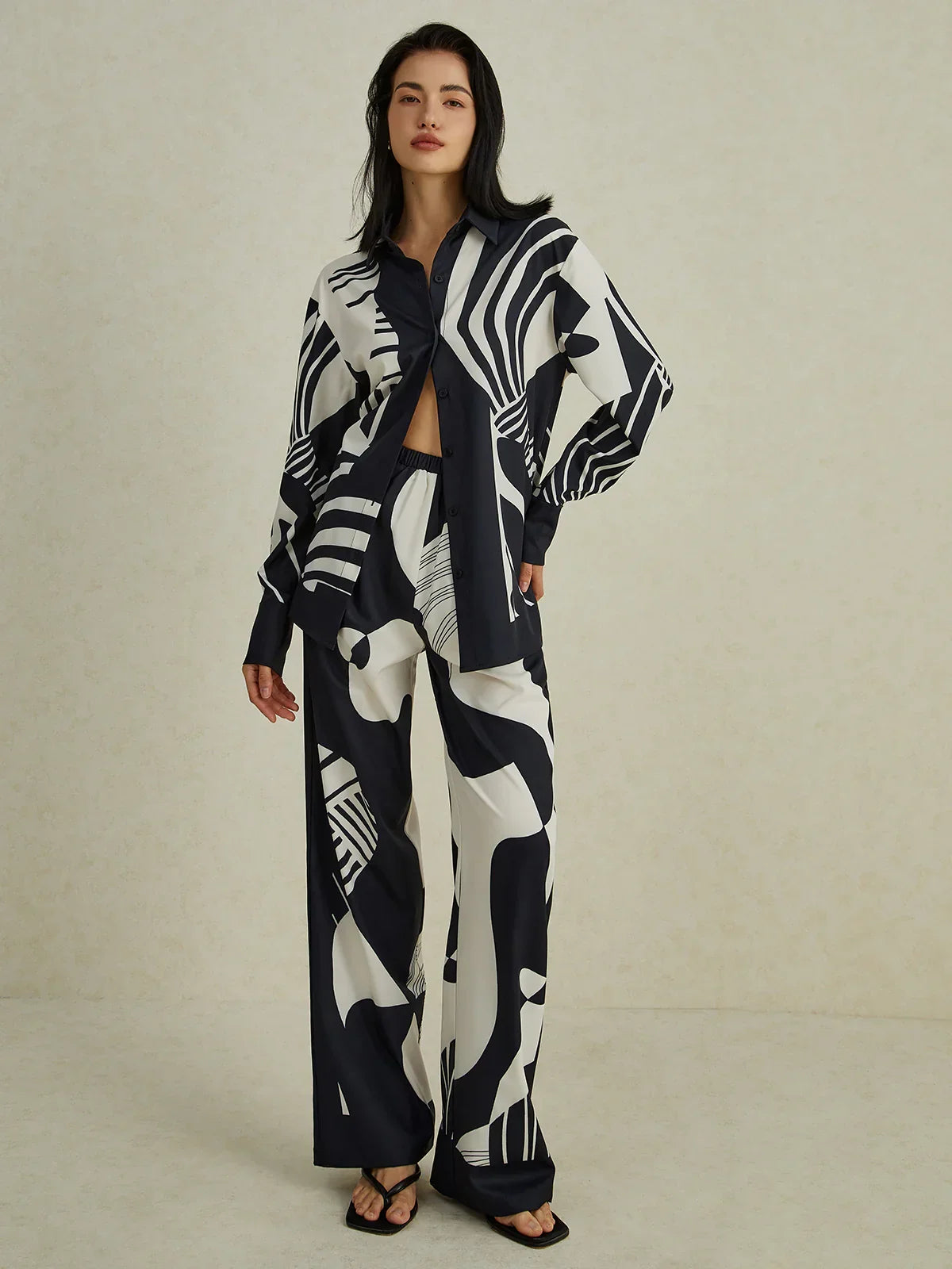 Irregular Print Wide Leg Pants Set - LA FEMME WANDERER