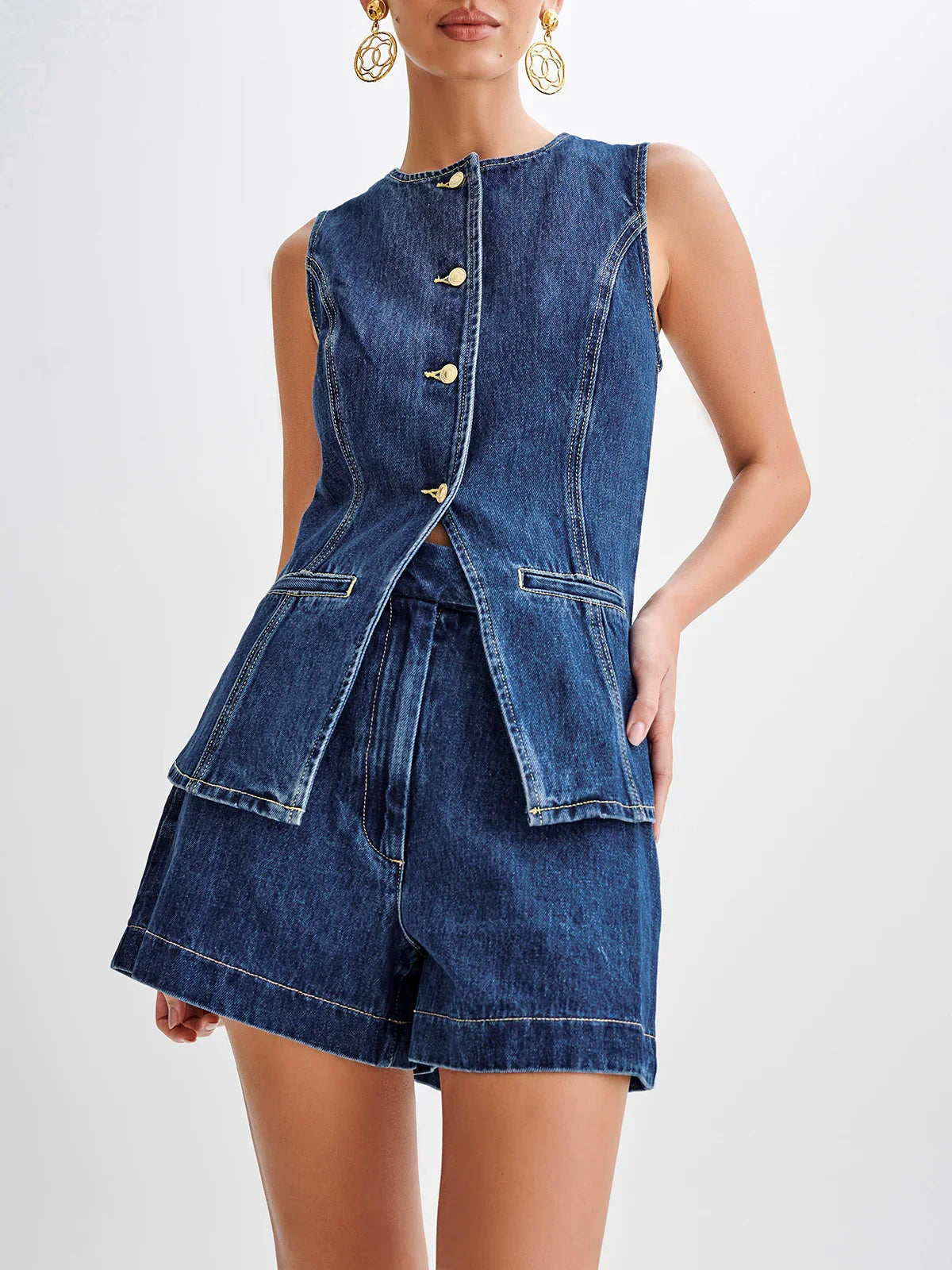 Denim Vest & Shorts Matching Suit - LA FEMME WANDERER