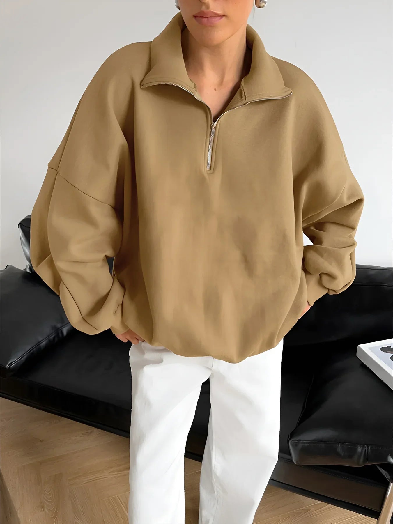 Lapel Zipper Pullover Sweatshirt - LA FEMME WANDERER