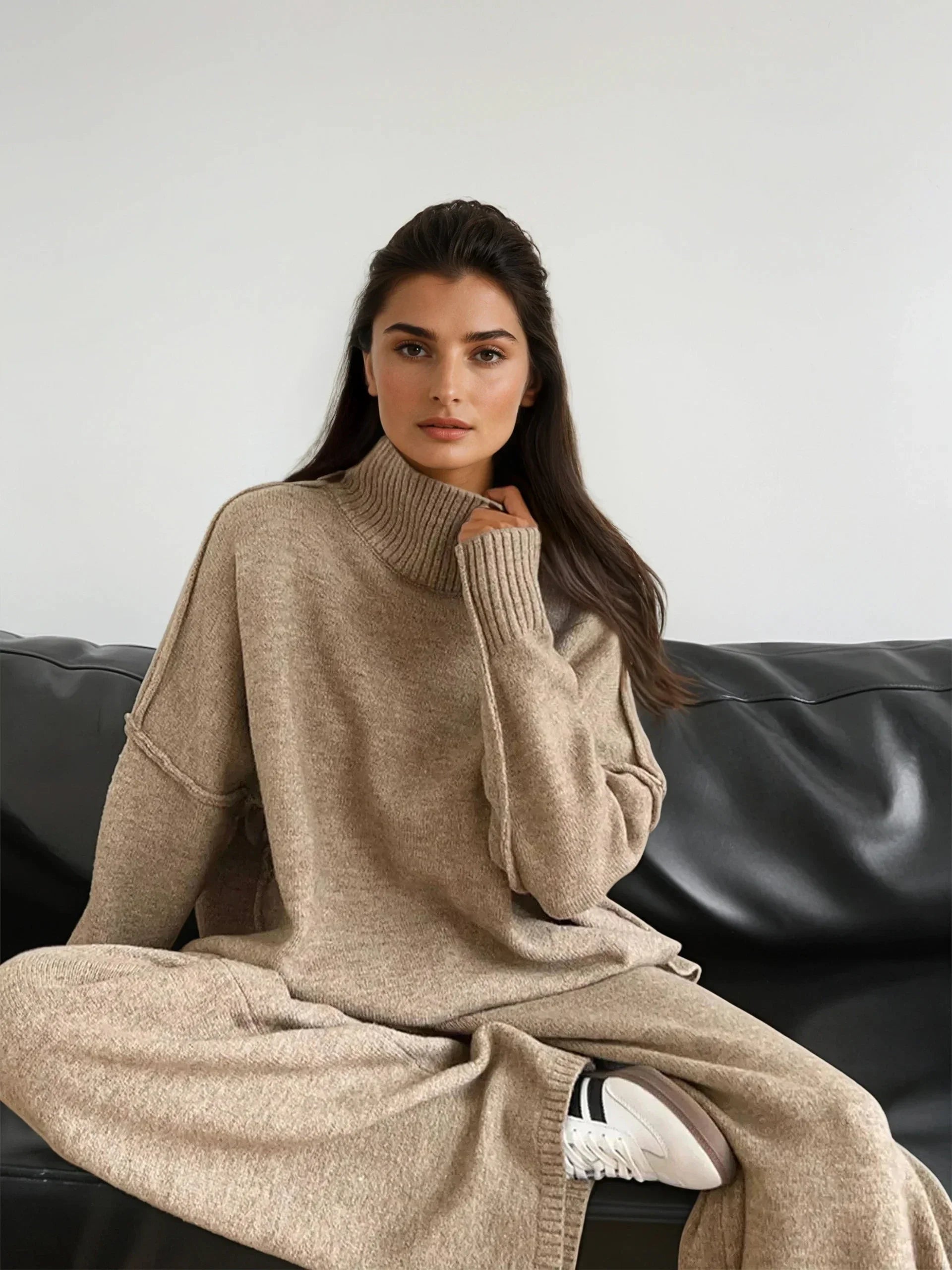 Plain Turtleneck Knit and Pants Set - LA FEMME WANDERER