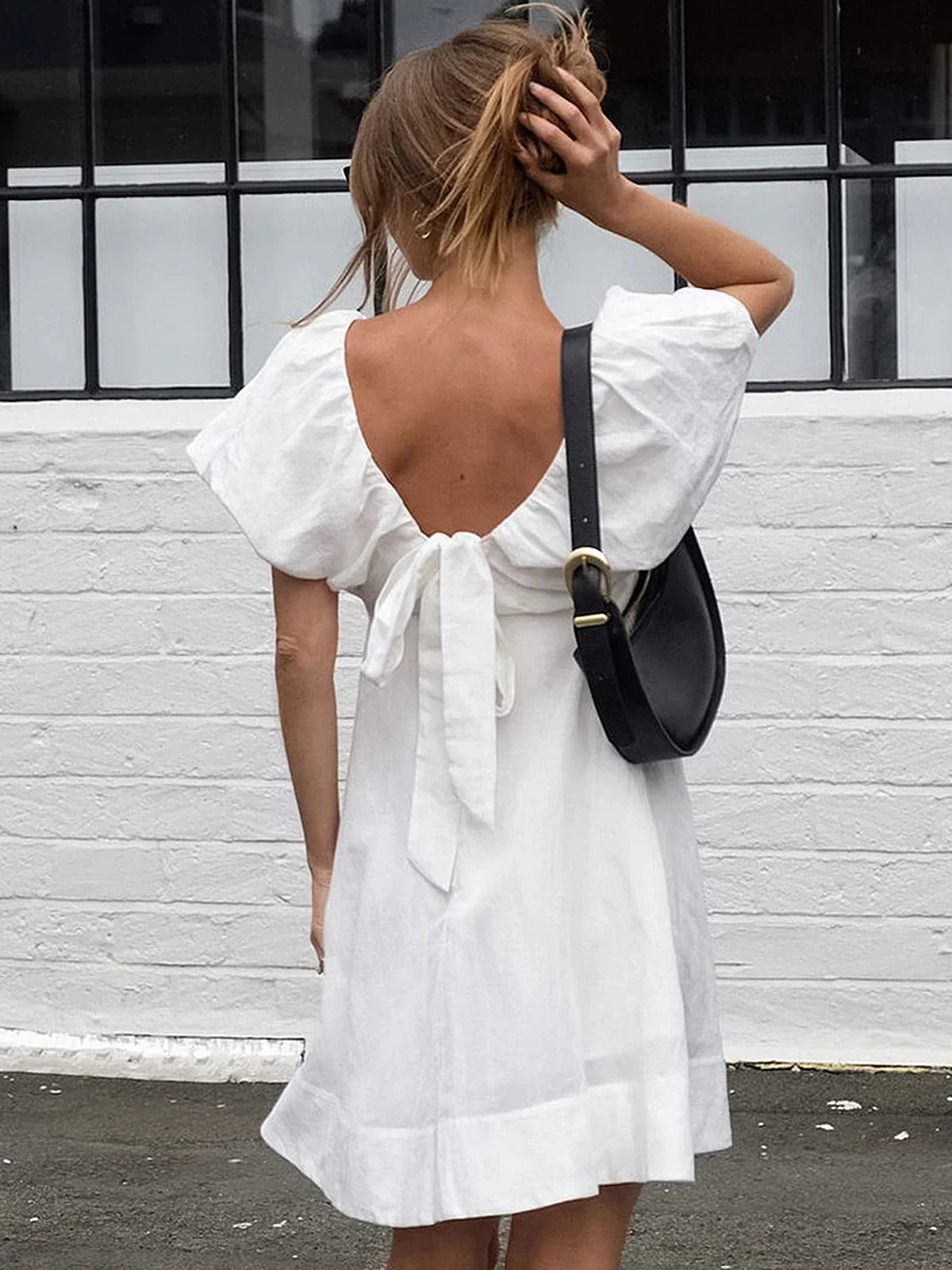 Cotton V-Neck Puff Sleeves Backless Dress - LA FEMME WANDERER