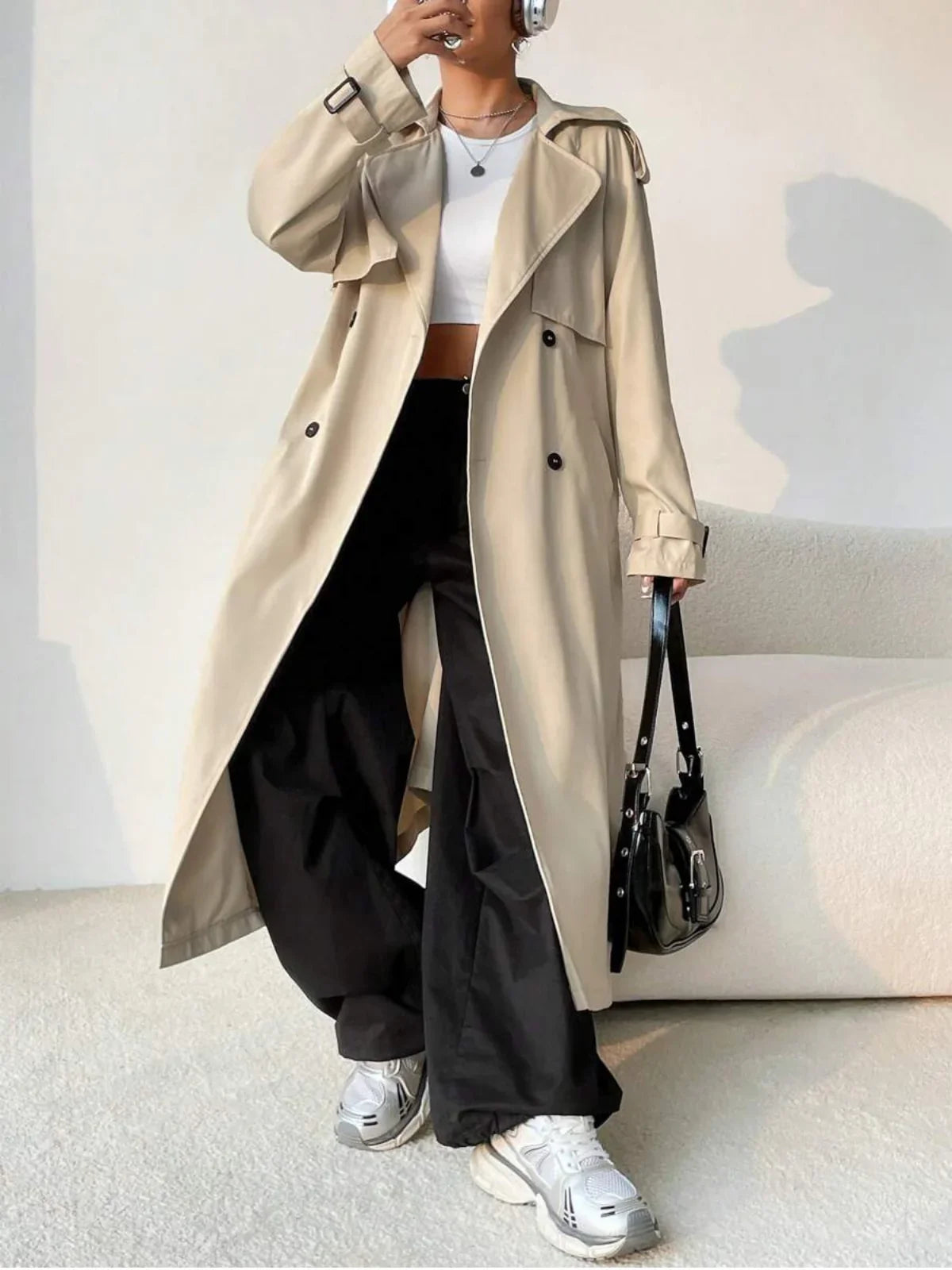 Elegant Long Solid Color Trench Coat - LA FEMME WANDERER