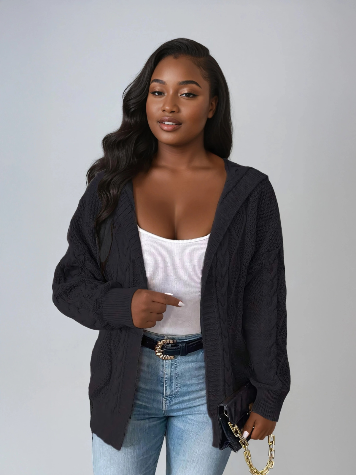Plus Size Hooded Cable Knit Cardigan Open Front Casual