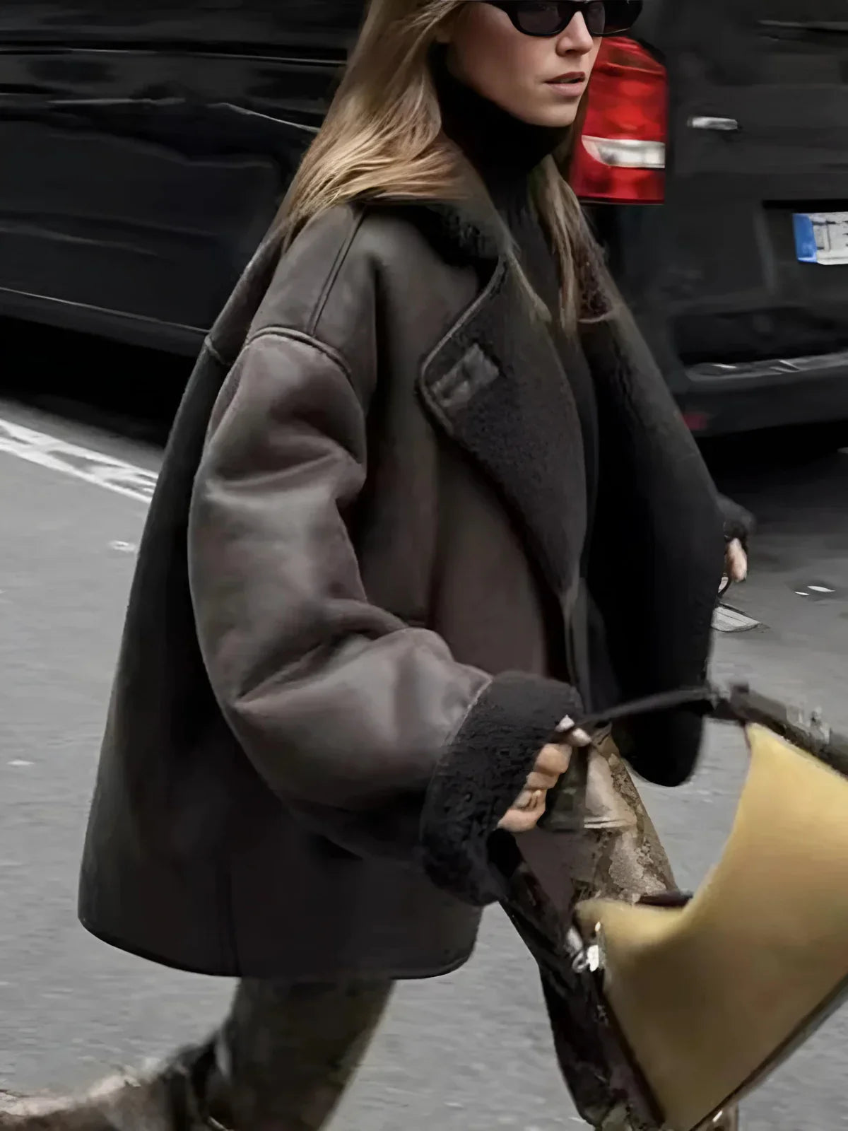 Lapel Faux Leather Warm Jacket - LA FEMME WANDERER