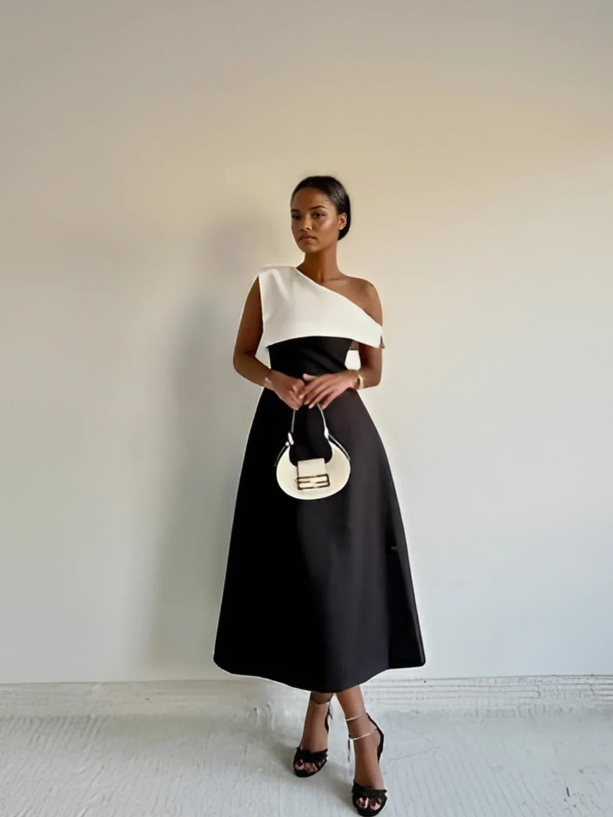 Classic Elegance Black And White Off-shoulder Dress - LA FEMME WANDERER