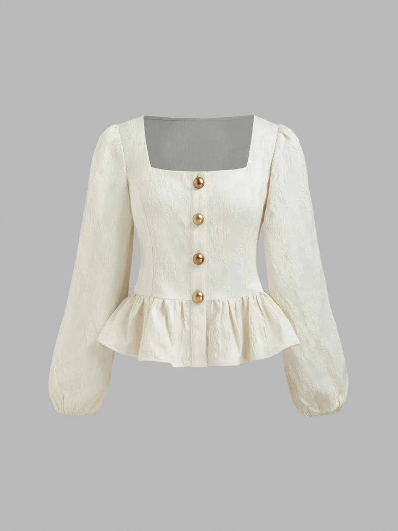 Blusa de manga larga con volantes, botones y estampado floral y cuello cuadrado