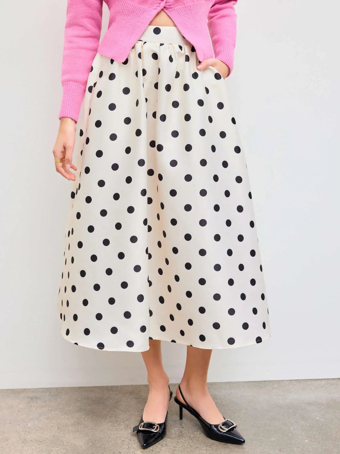 Mid Rise Polka Dot Pocket Ruffle Maxi Skirt - LA FEMME WANDERER