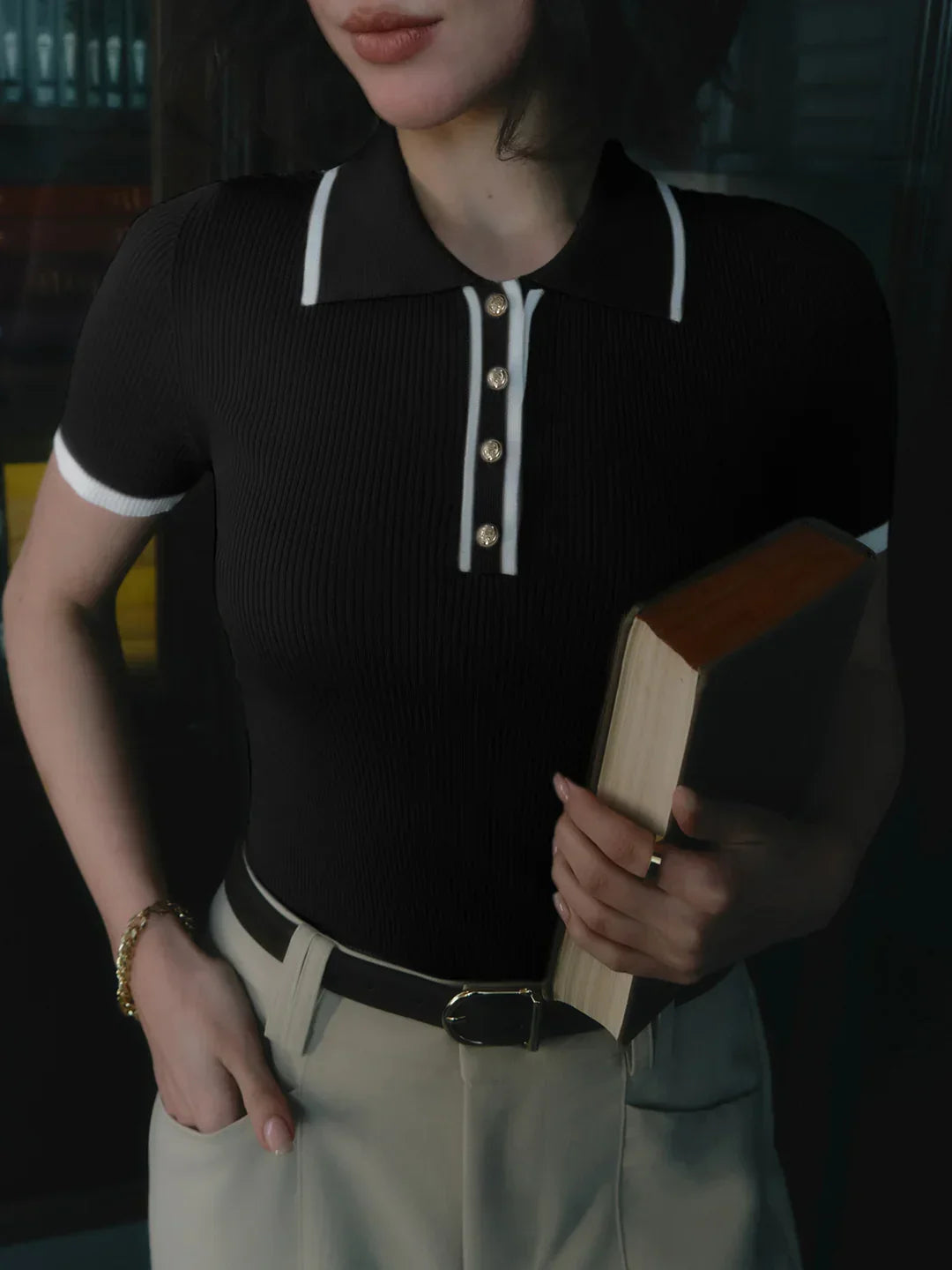 Contrast Trim Metal Button Knit Top - LA FEMME WANDERER