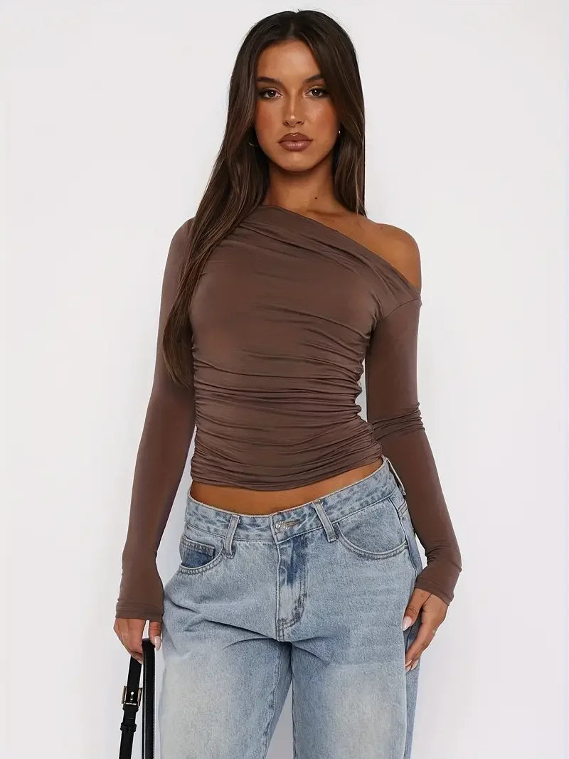 Effortless Style Long Sleeve One-shoulder Top - LA FEMME WANDERER
