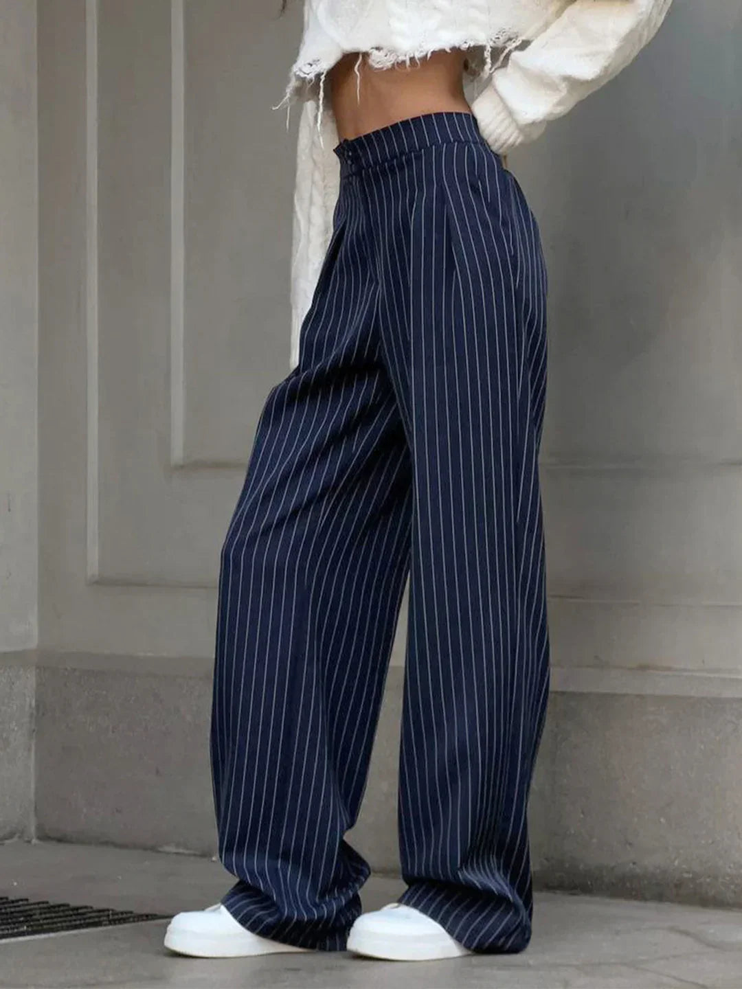 Pinstripe Pleated Wide Leg Dress Pants - LA FEMME WANDERER