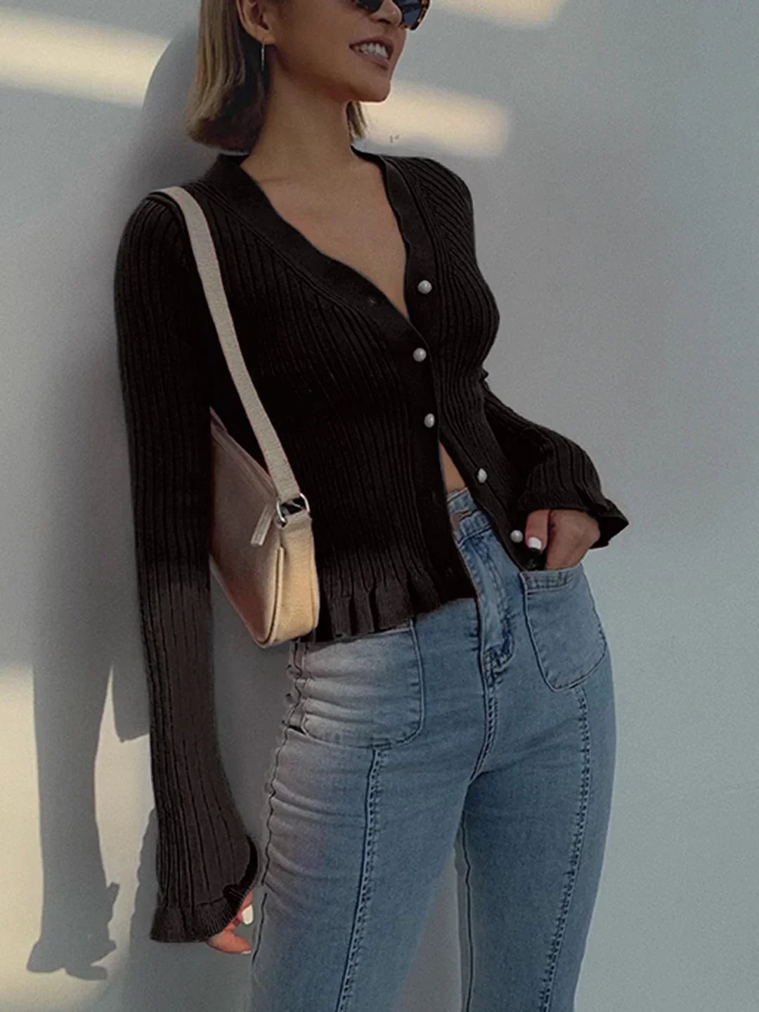 Retro Ruffled Trim Pearl Button Long Sleeve Cardigan - LA FEMME WANDERER