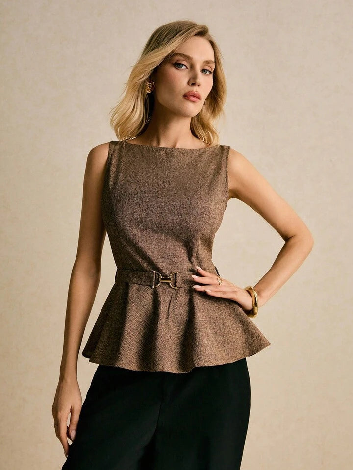 Elegant Sleeveless Structured Blouse with Feminine Waist Detail