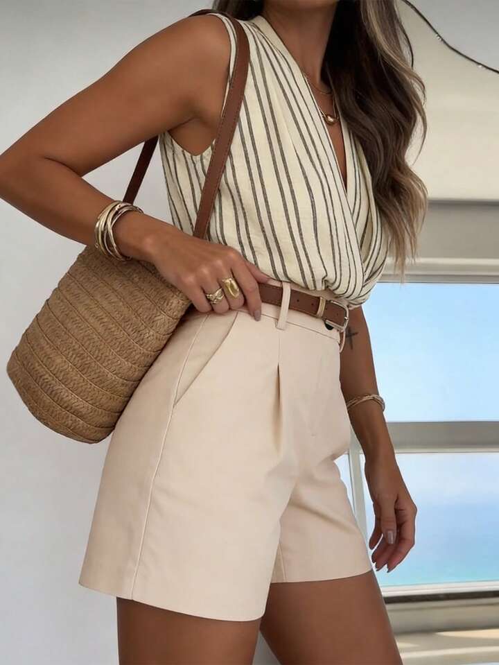 Striped Sleeveless Set – Chic Wrap V-Neck Top & Tailored Shorts Co-Ord Set