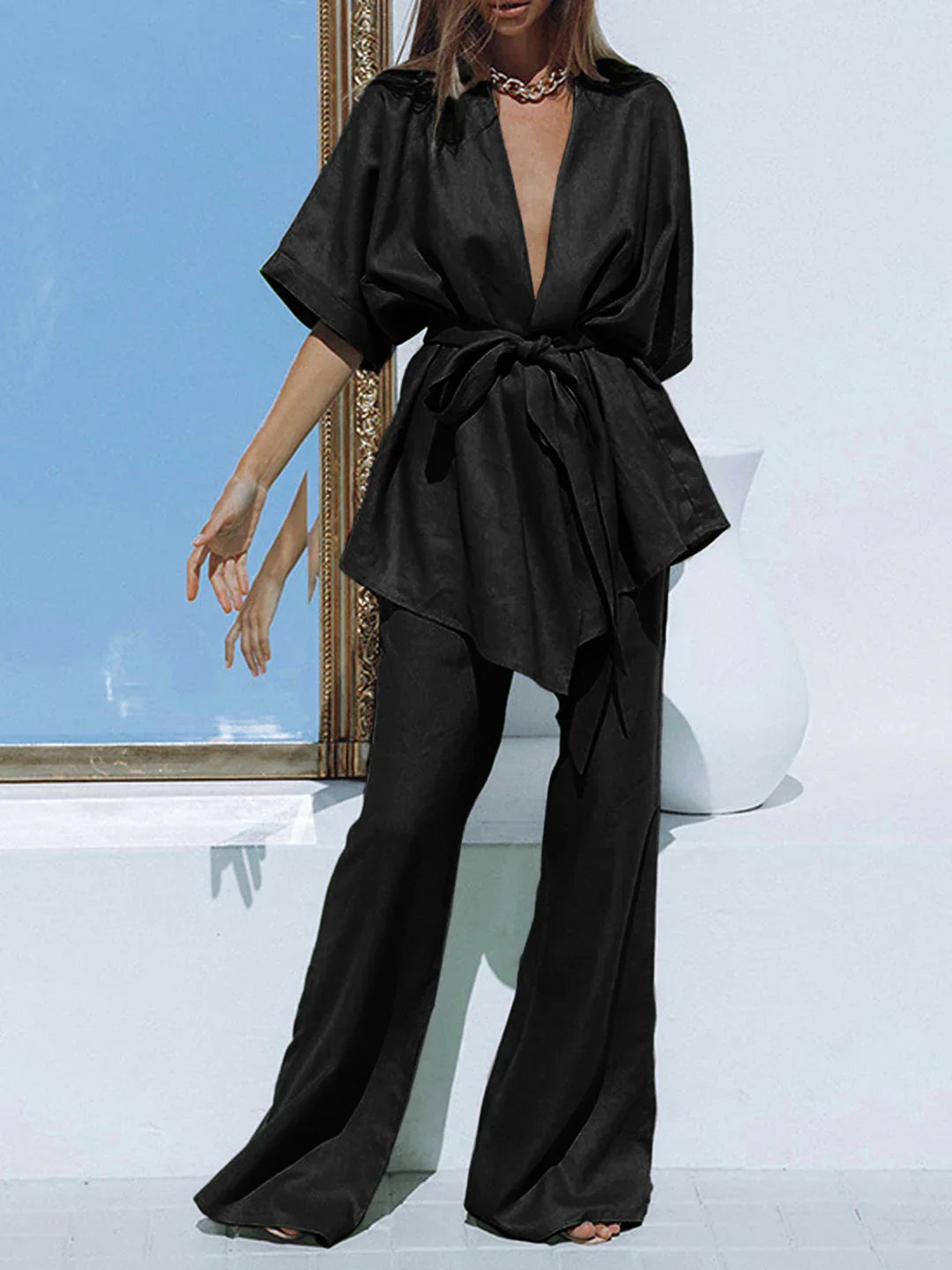 Belt Design Oversized Linen Tied Two Piece Pants Set - LA FEMME WANDERER