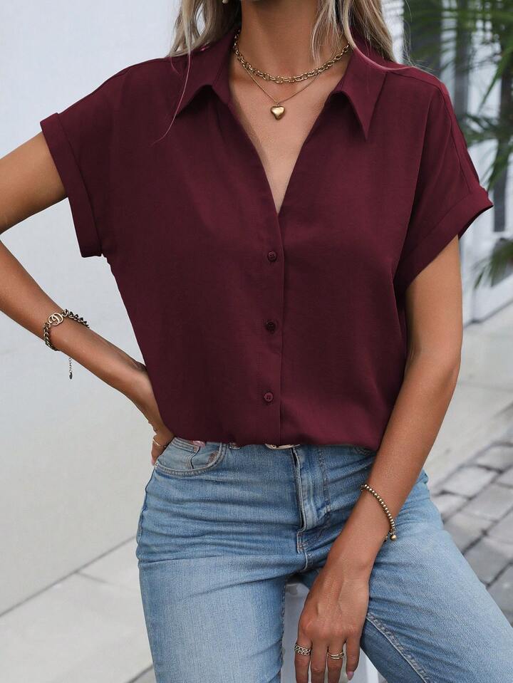 Must-have Short-sleeved Lapel Button Shirt Top - LA FEMME WANDERER