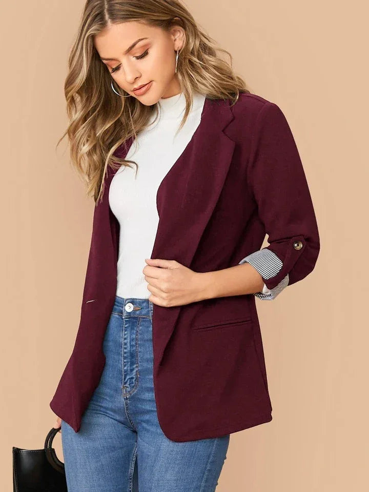Lapel Notch Collar Roll Tab Sleeve Blazer - LA FEMME WANDERER