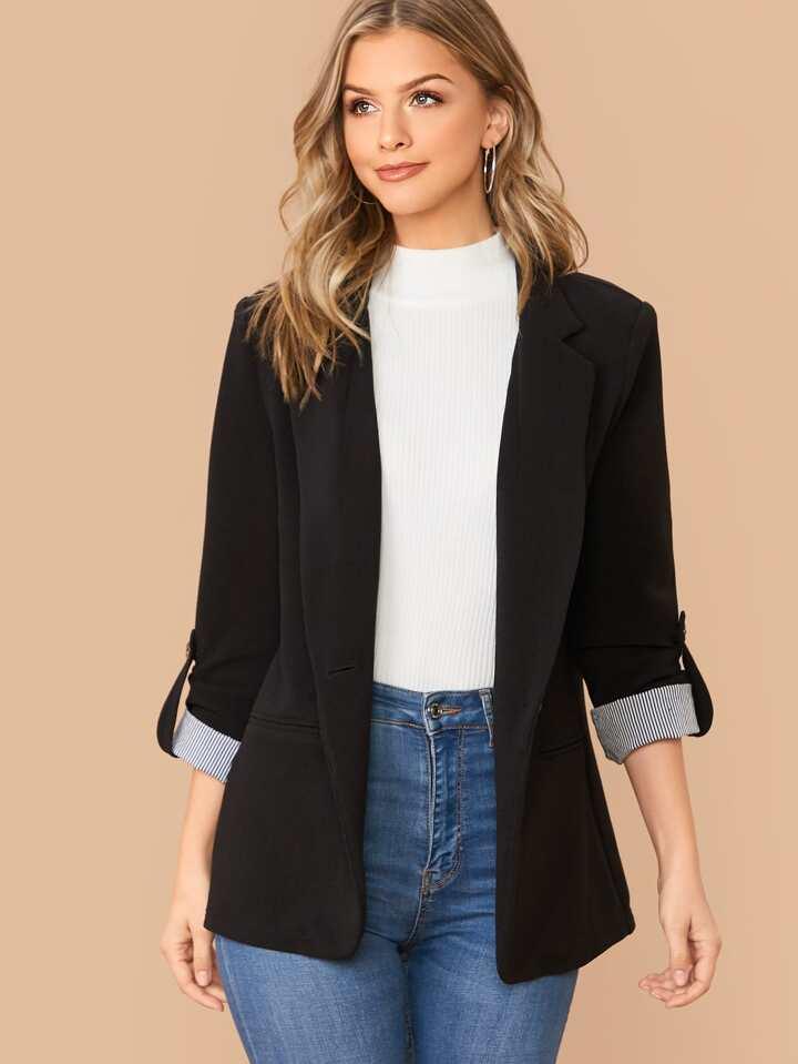 Lapel Notch Collar Roll Tab Sleeve Blazer - LA FEMME WANDERER